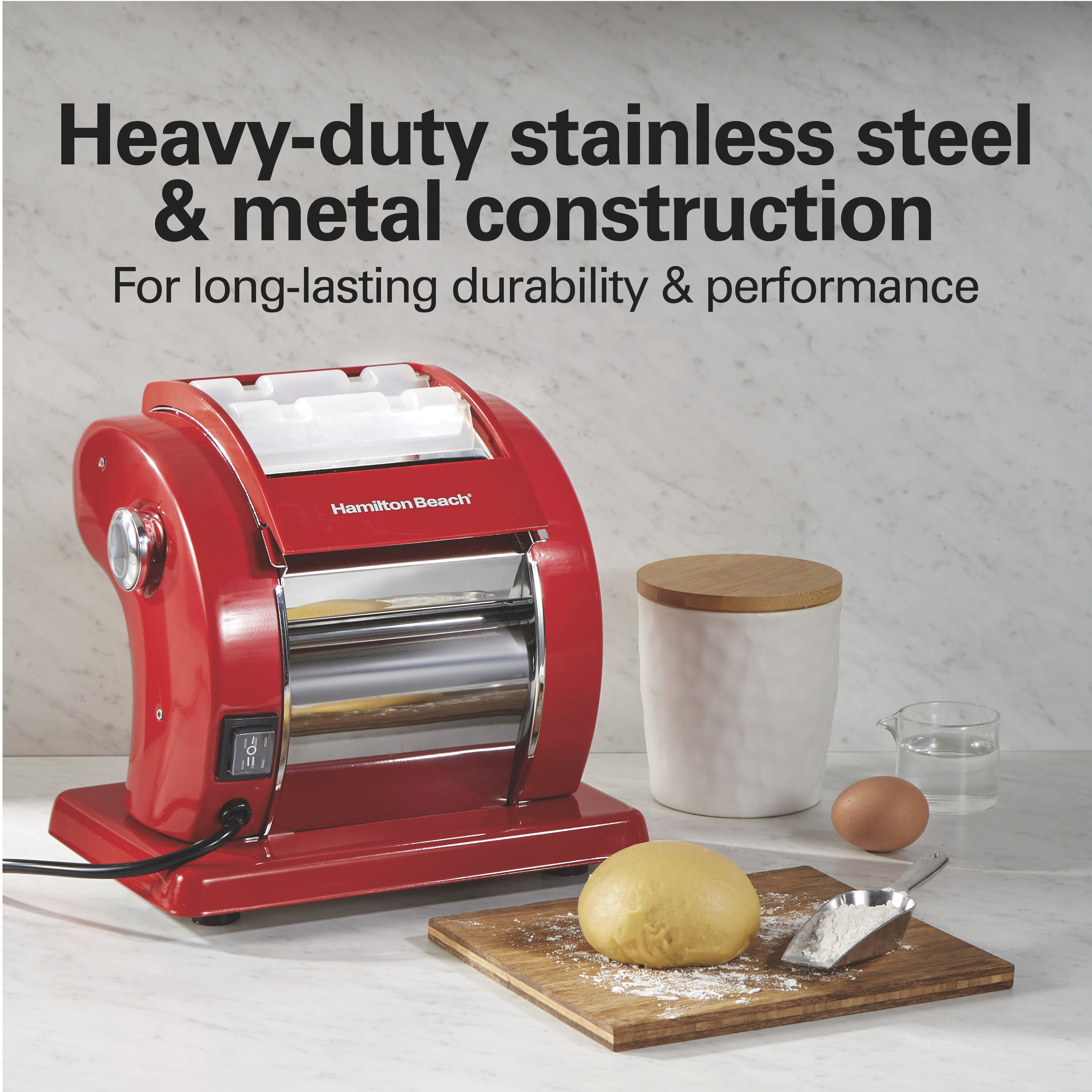 Hamilton Beach Electric Pasta Maker & Noodle Machine with 9 Adjustable Thickness Settings, Includes Spaghetti & Fettucine Cutter, Cutting Wheel, Cleaning Brush, Red - Image 6