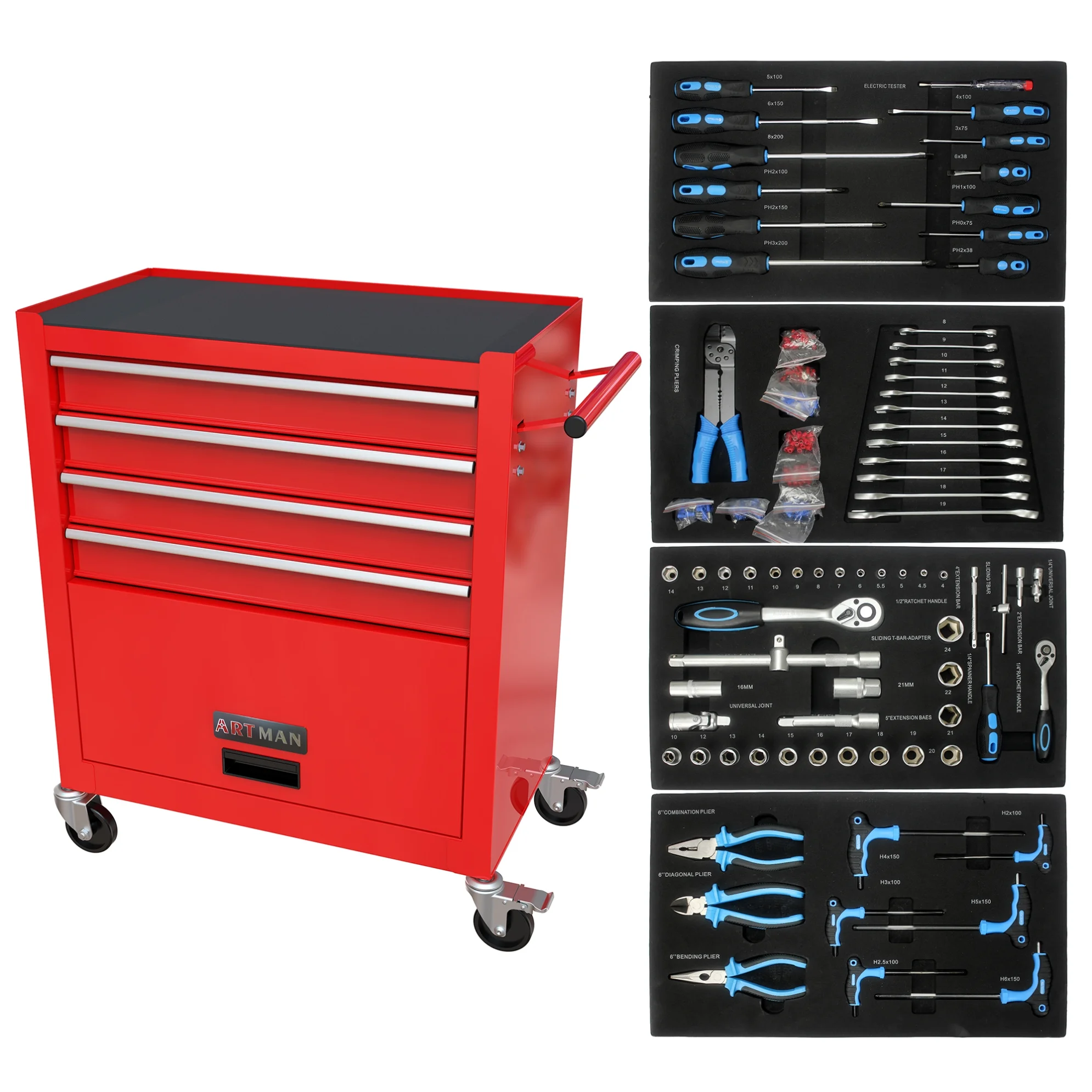 4 Drawers Rolling Tool Chest, High Capacity Tool Box with Tool Sets, Tool Chest with Lockable System and Wheels, Utility Tool Storage Cart for Workshop Mechanics Garage (Black) - Image 11