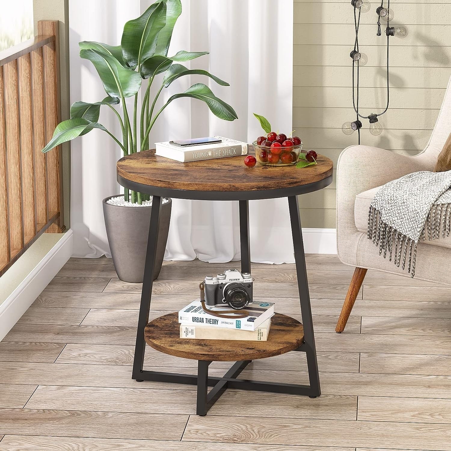 Industrial Round End Table, Small Side Table and Accent Coffee Table for Living Room and Bedroom - Image 3