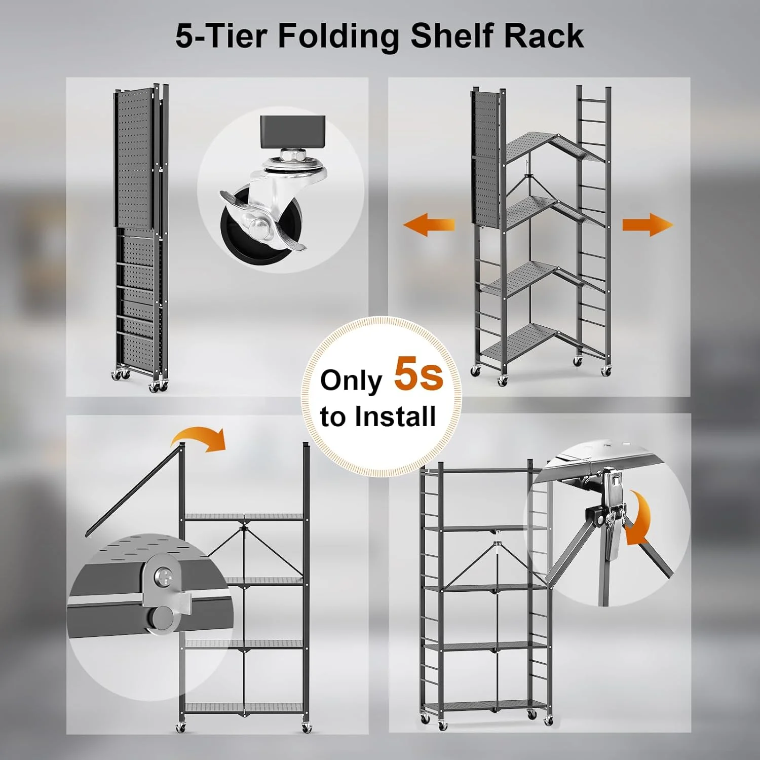 Storage Shelves with 20 Hooks, 4-Tier Foldable Shelves for Storage, Folding Shelf Unit Pantry Shelves with Wheels, Metal Shelving Storage Rack Shelf for Kitchen Garage Home, Black - No Assembly - Image 24