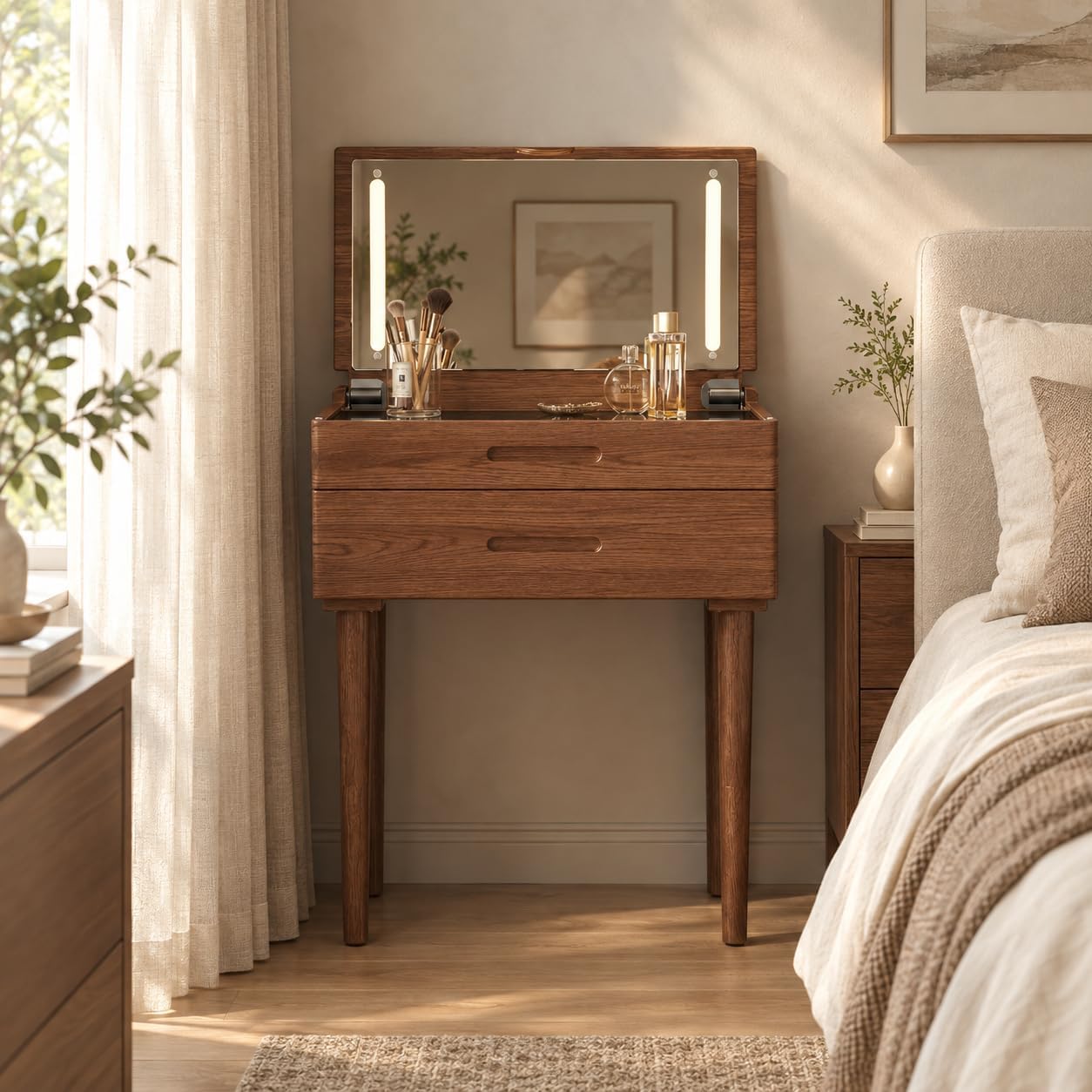 Solid Wood Small Vanity Desk with Mirror and Lights, 19.6", Natural - Image 5