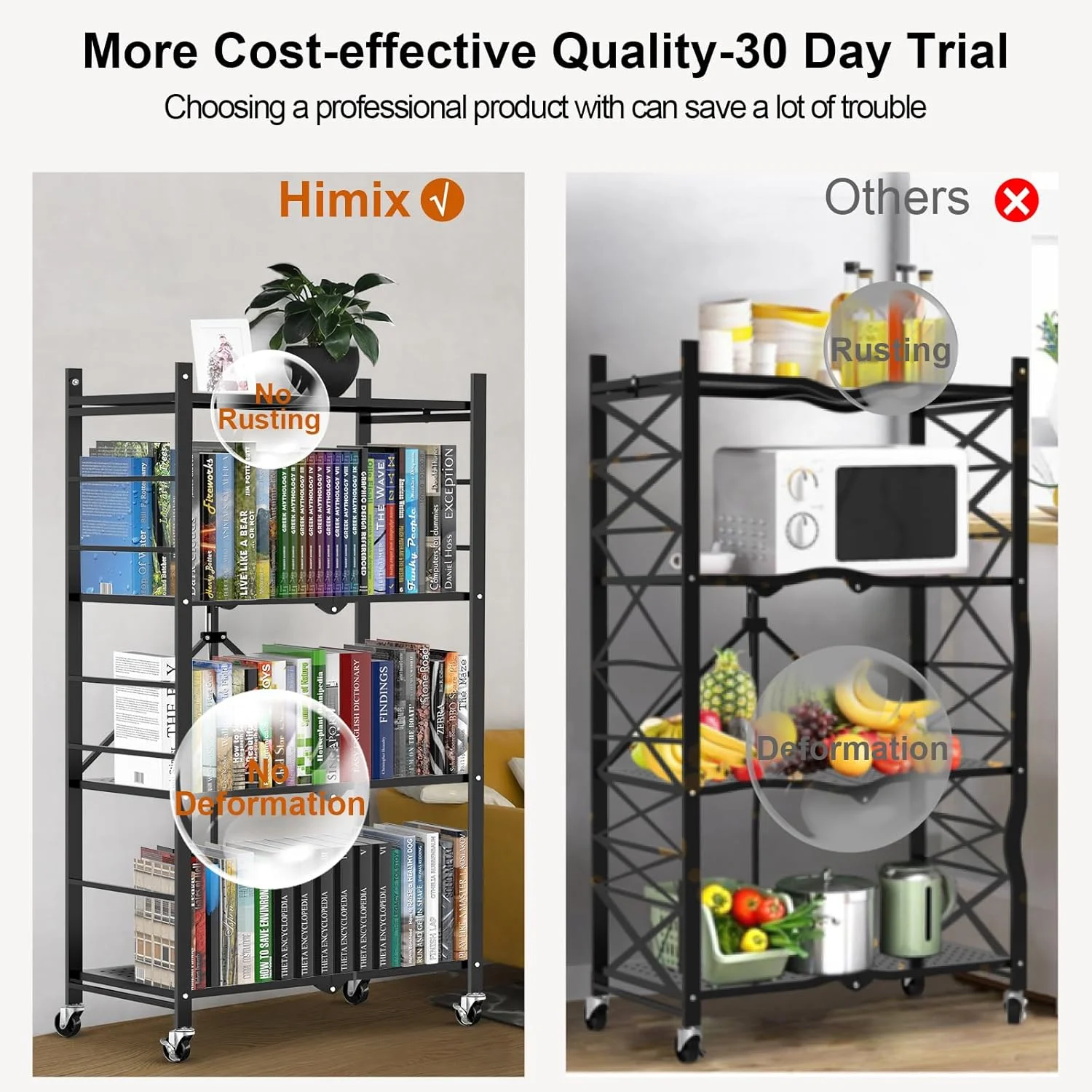 Storage Shelves with 20 Hooks, 4-Tier Foldable Shelves for Storage, Folding Shelf Unit Pantry Shelves with Wheels, Metal Shelving Storage Rack Shelf for Kitchen Garage Home, Black - No Assembly - Image 10