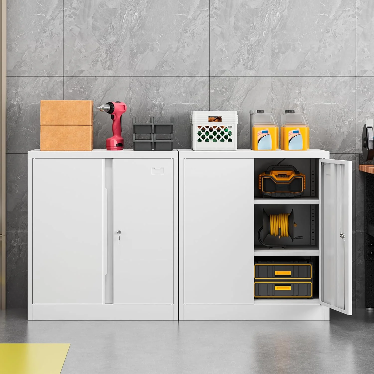 Metal Storage Cabinet, Garage Storage Cabinet with Doors and 2 Adjustable Shelves, 36" White Metal Cabinet, Locking Cabinet for Home,Garage,Office,School - Image 2
