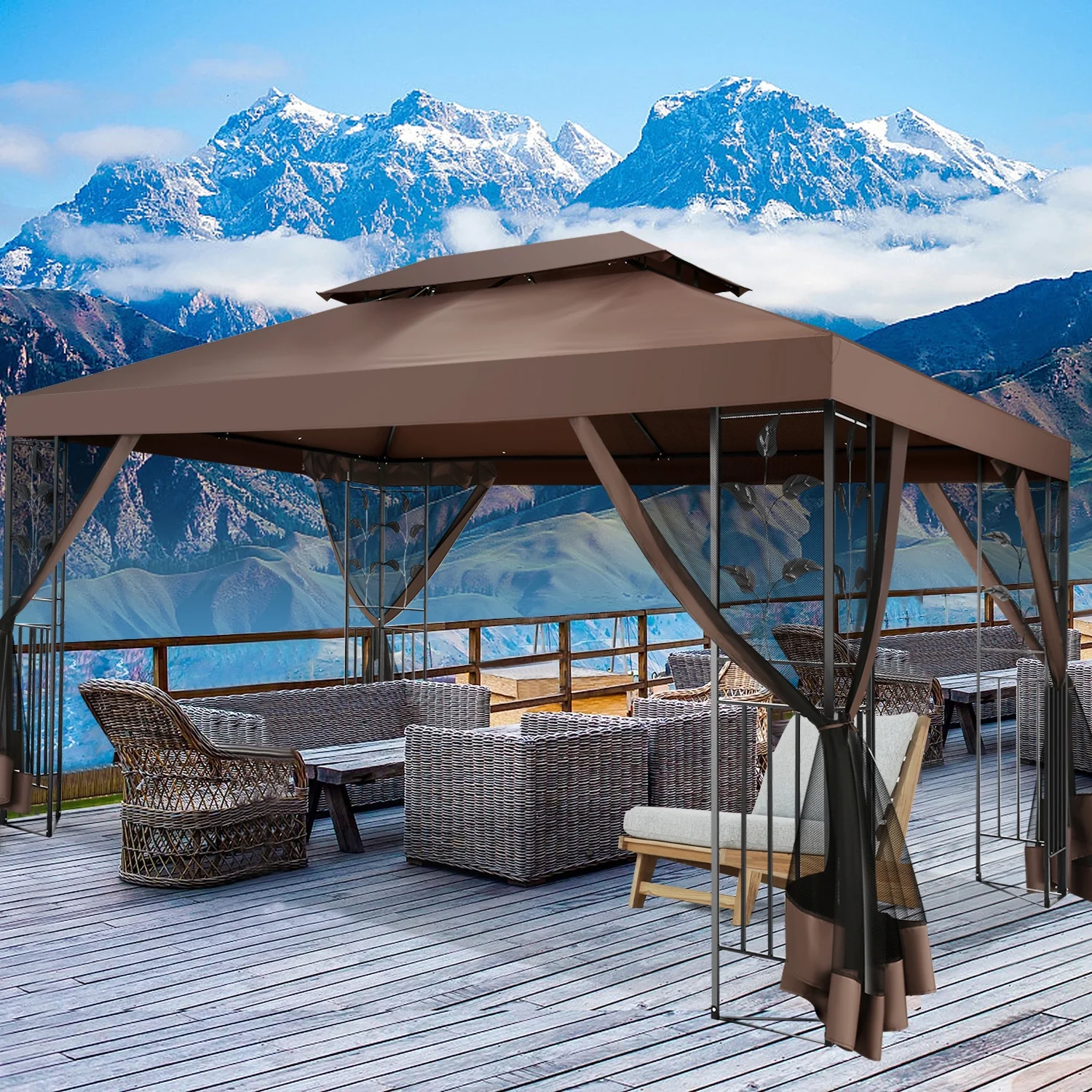 SANOPY 10'x13.3' Metal Patio Gazebo, Outdoor Gazebo Canopy Tent for Backyard with Mesh Curtains, Gazebos Shelter with Display Shelves, Steel Frame, Patio Covers for Tailgate - Image 5
