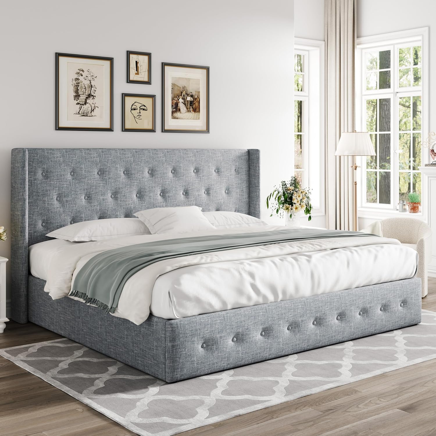 Queen Size Lift Up Storage Bed with Wingback Headboard, Upholstered Platform Bed Frame with Hidden Storage - Image 71