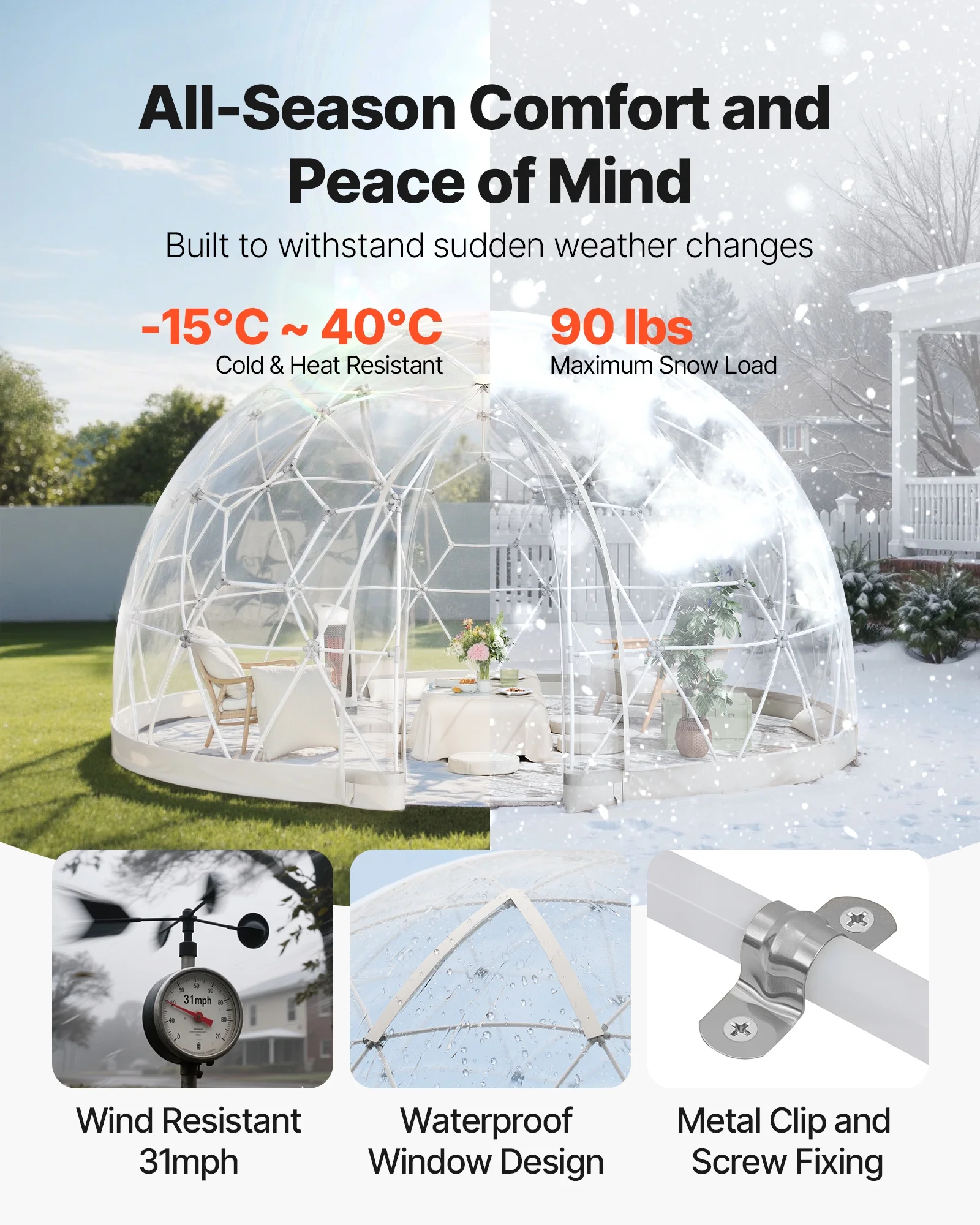 VEVOR Garden Dome Tent, 12 x 7.2 ft Outdoor Clear Bubble Tent for 4-7 Person, Weatherproof Geodesic Dome Greenhouse with Window, PVC Igloo Tents for Backyard Patios Camping Party Wedding - Image 4