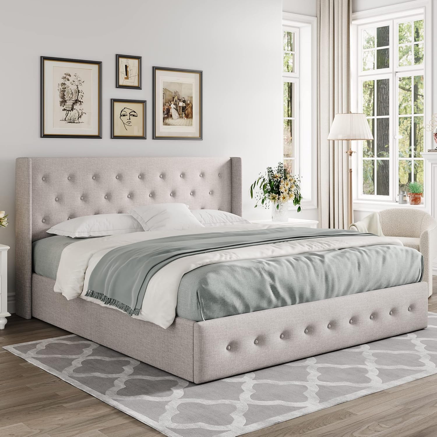 Queen Size Lift Up Storage Bed with Wingback Headboard, Upholstered Platform Bed Frame with Hidden Storage - Image 40