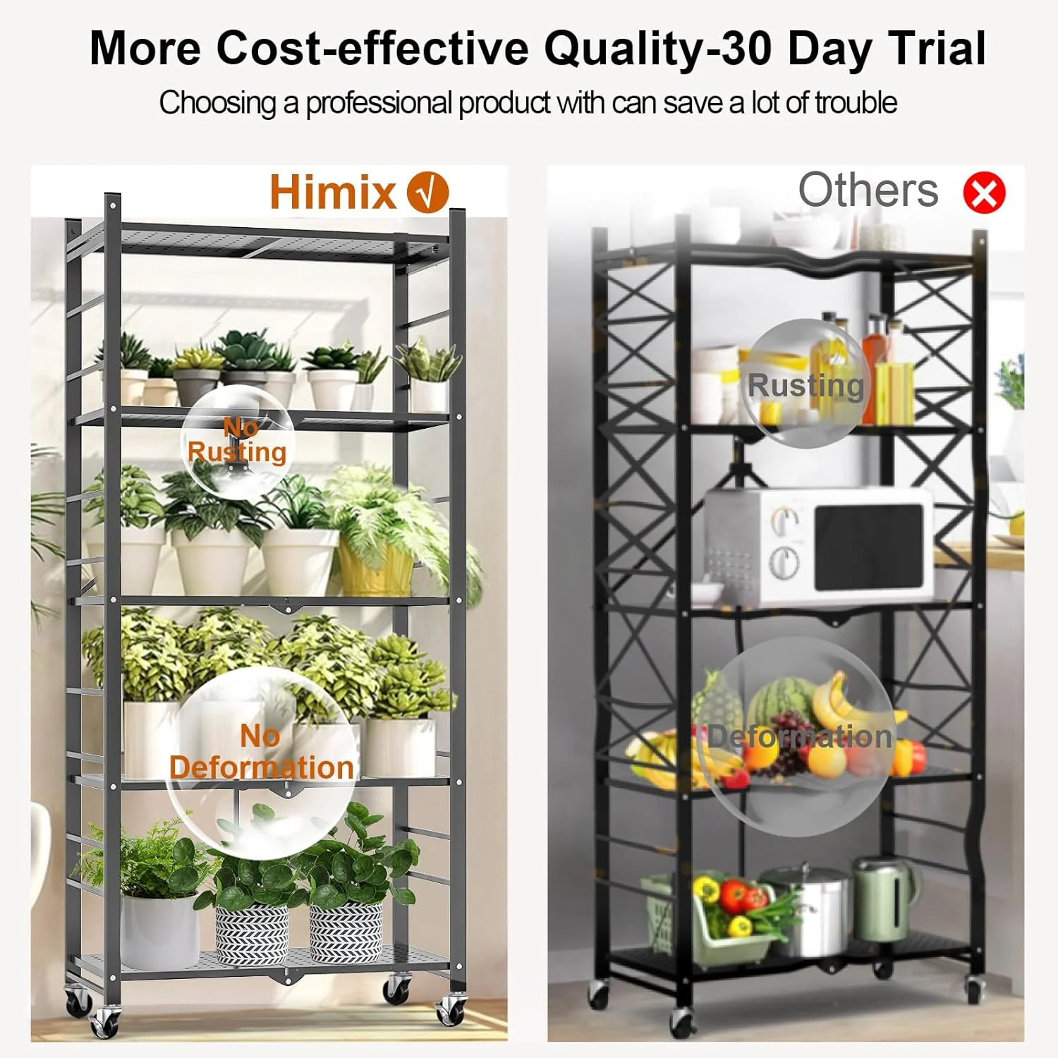 Storage Shelves with 20 Hooks, 4-Tier Foldable Shelves for Storage, Folding Shelf Unit Pantry Shelves with Wheels, Metal Shelving Storage Rack Shelf for Kitchen Garage Home, Black - No Assembly - Image 25
