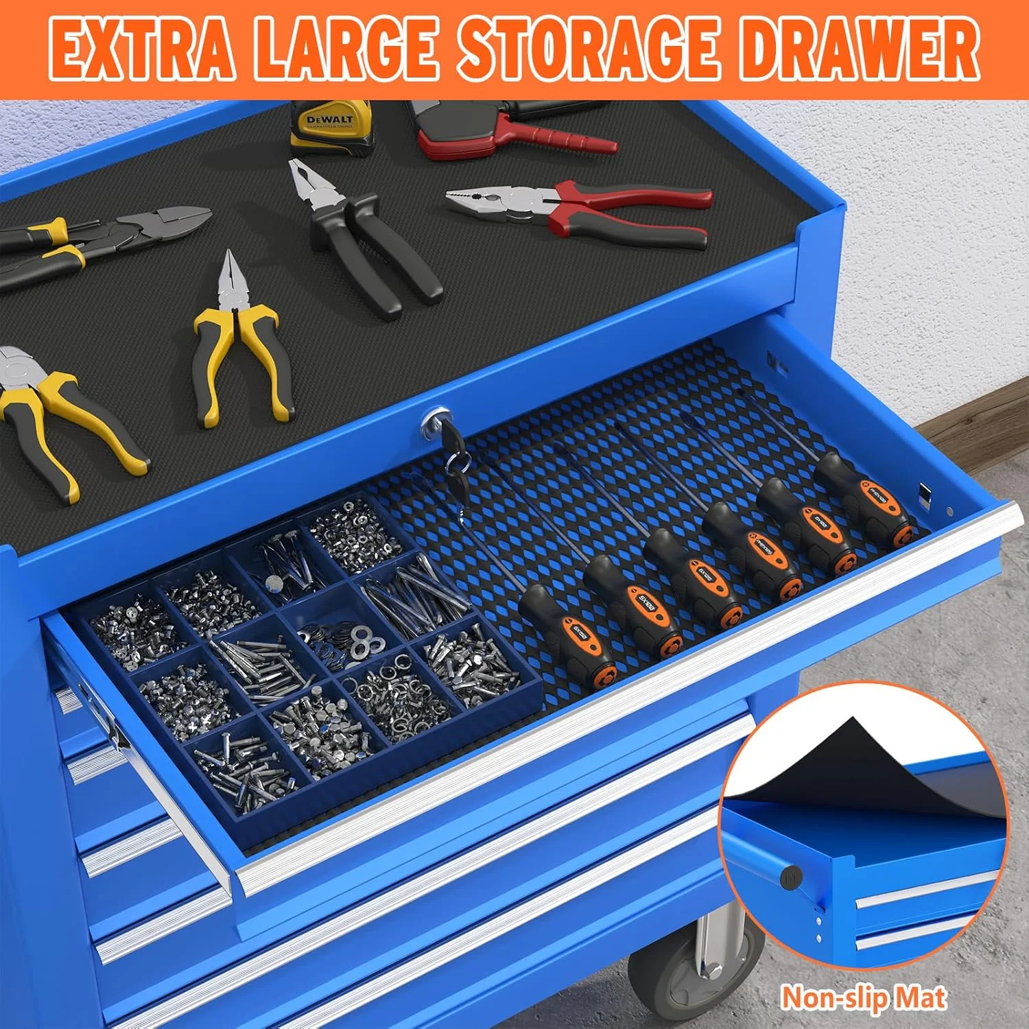 7 Drawers Large Capacity Rolling Tool Chest, Metal Tool Box with Wheels and Drawers, Tool Storage Cabinet with Keyed Locking, Tool Organizer Box for Garage, Workshop, Warehouse (Blue) - Image 6