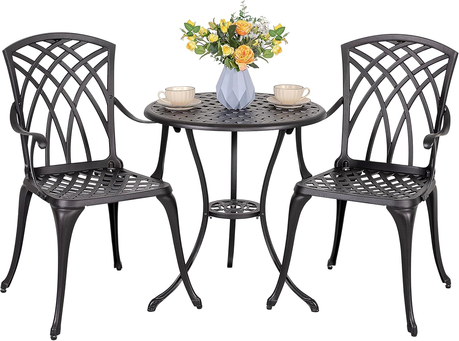 Bistro Set 3 Piece Outdoor Cast Aluminum Patio Bistro Set, Patio Table and Chairs Set of 2 with Umbrella Hole and Gray Cushions, Black