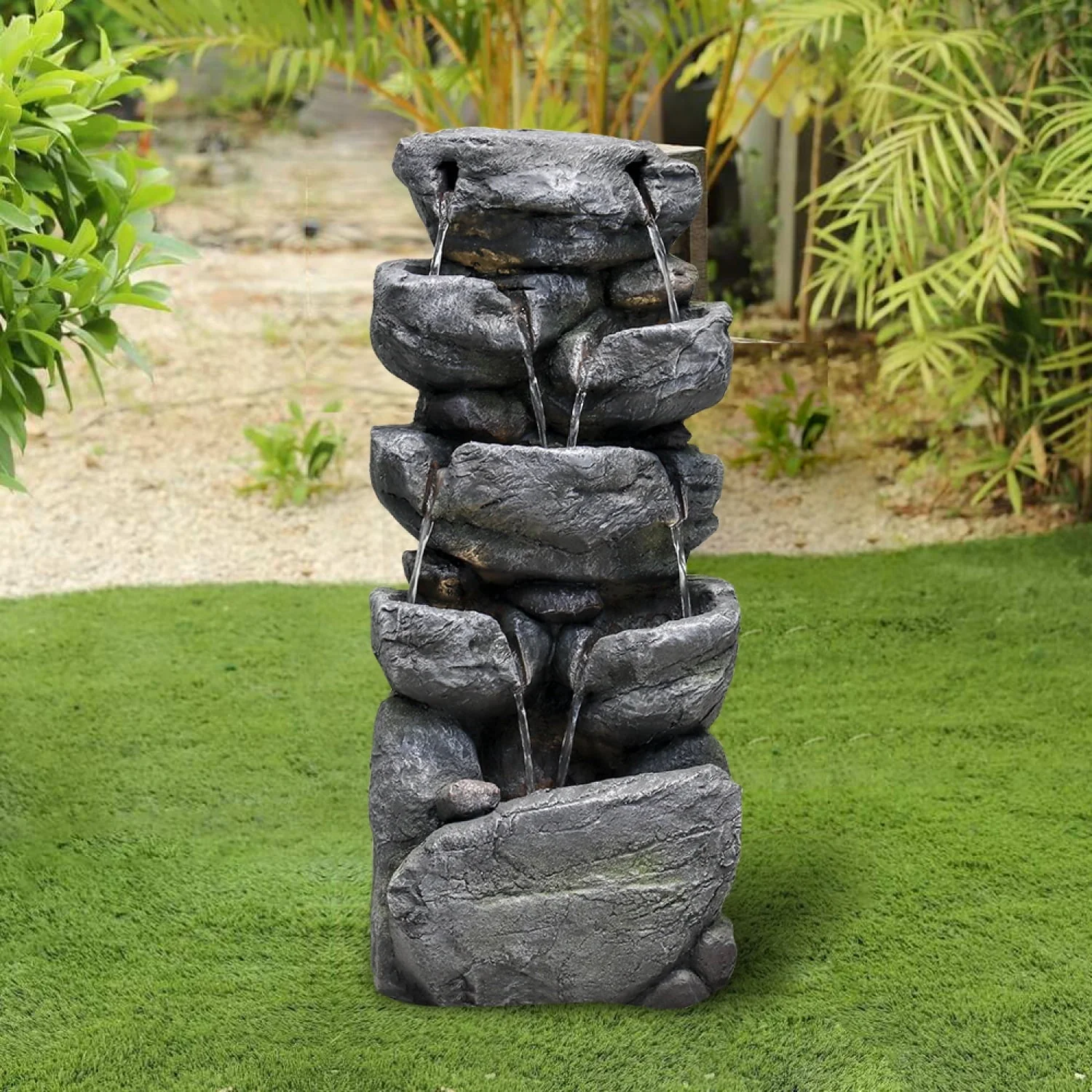 chrismas clearnace-?Stacked Rock Fountain with LED Lights - Outdoor Water Fountains Cascading Floor Water Feature Art Decor for Garden,Pation, Deck, Porch