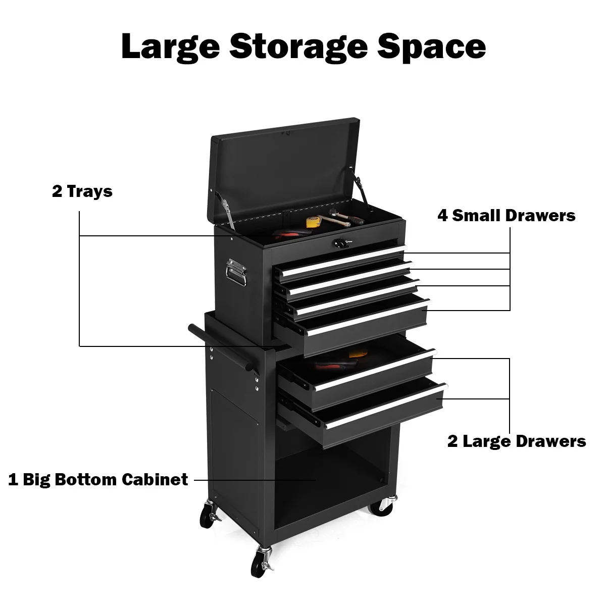 Costway 2 in 1 Rolling Cabinet Storage Chest Box Organizer w/ 6 Drawers Black - Image 7