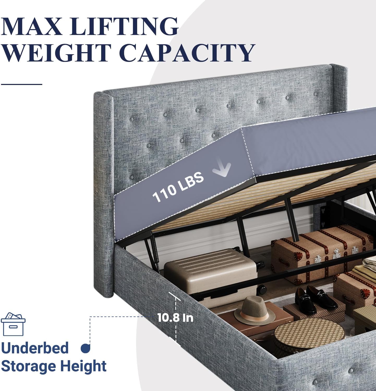 Queen Size Lift Up Storage Bed with Wingback Headboard, Upholstered Platform Bed Frame with Hidden Storage - Image 189
