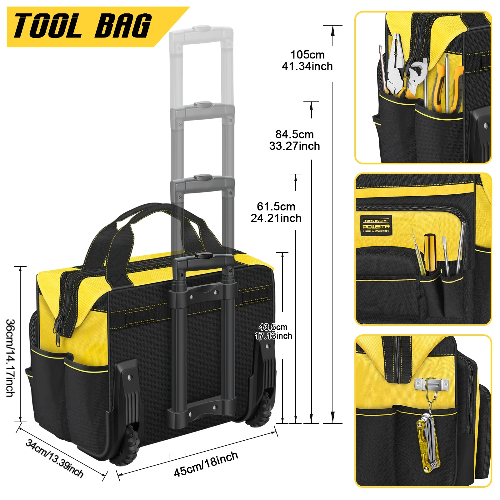 18" Rolling Tool Bag with Wheels, 15-Pocket Heavy Duty Rolling Tool Storage Bag with Retractable Handle for Construction, Carpentry, Repair - Image 3
