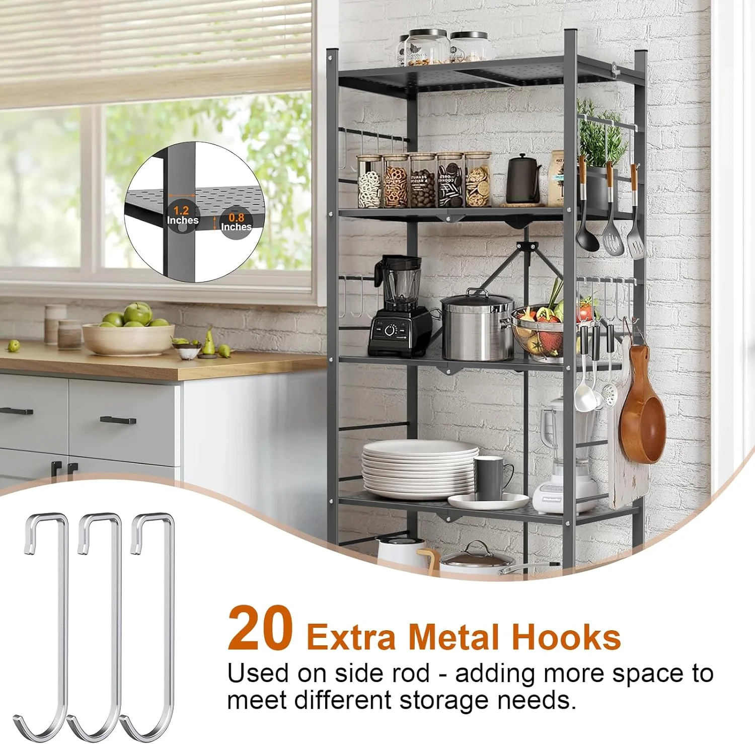Storage Shelves with 20 Hooks, 4-Tier Foldable Shelves for Storage, Folding Shelf Unit Pantry Shelves with Wheels, Metal Shelving Storage Rack Shelf for Kitchen Garage Home, Black - No Assembly - Image 22