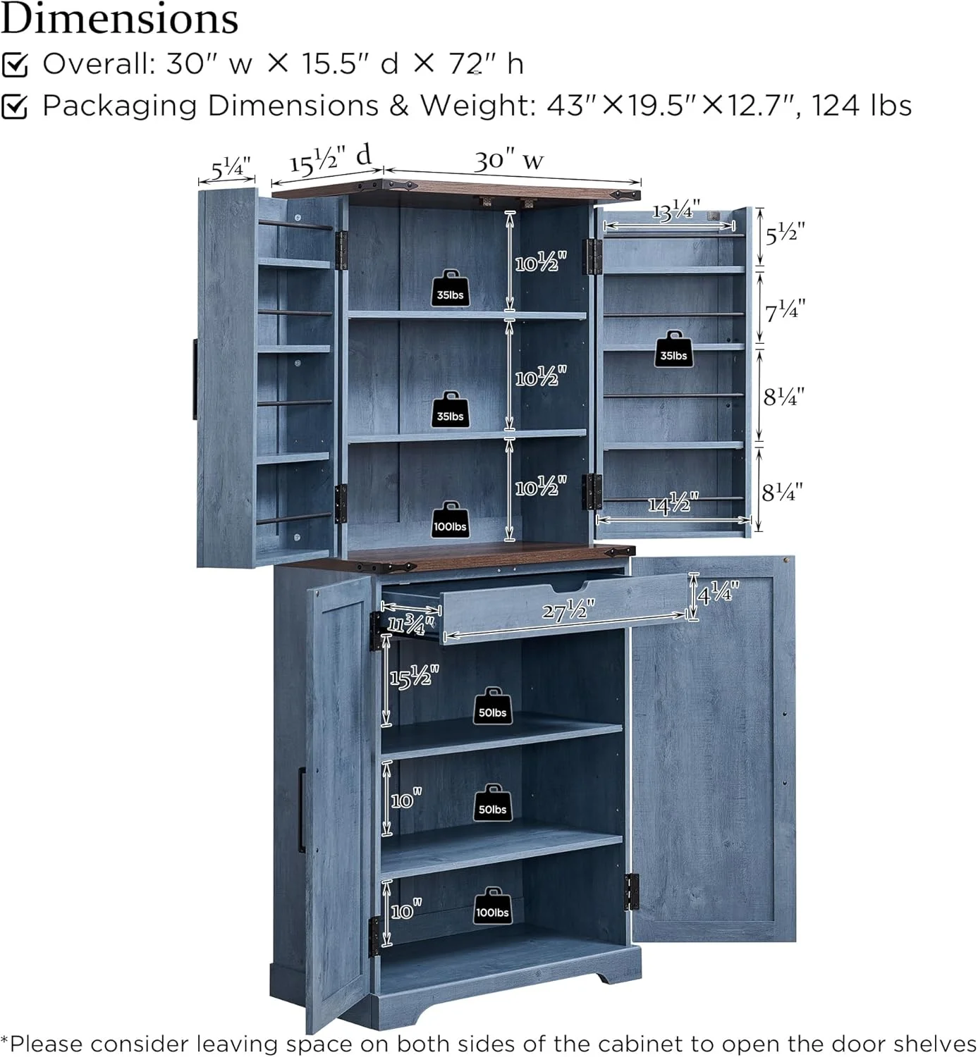 47" Kitchen Pantry, Farmhouse Storage Cabinet with Barn Doors, Organizer and Adjustable Shelves, Rustic Wood Cupboard for Kitchen, Dining Room, Bathroom and Hallway, Black - Image 21
