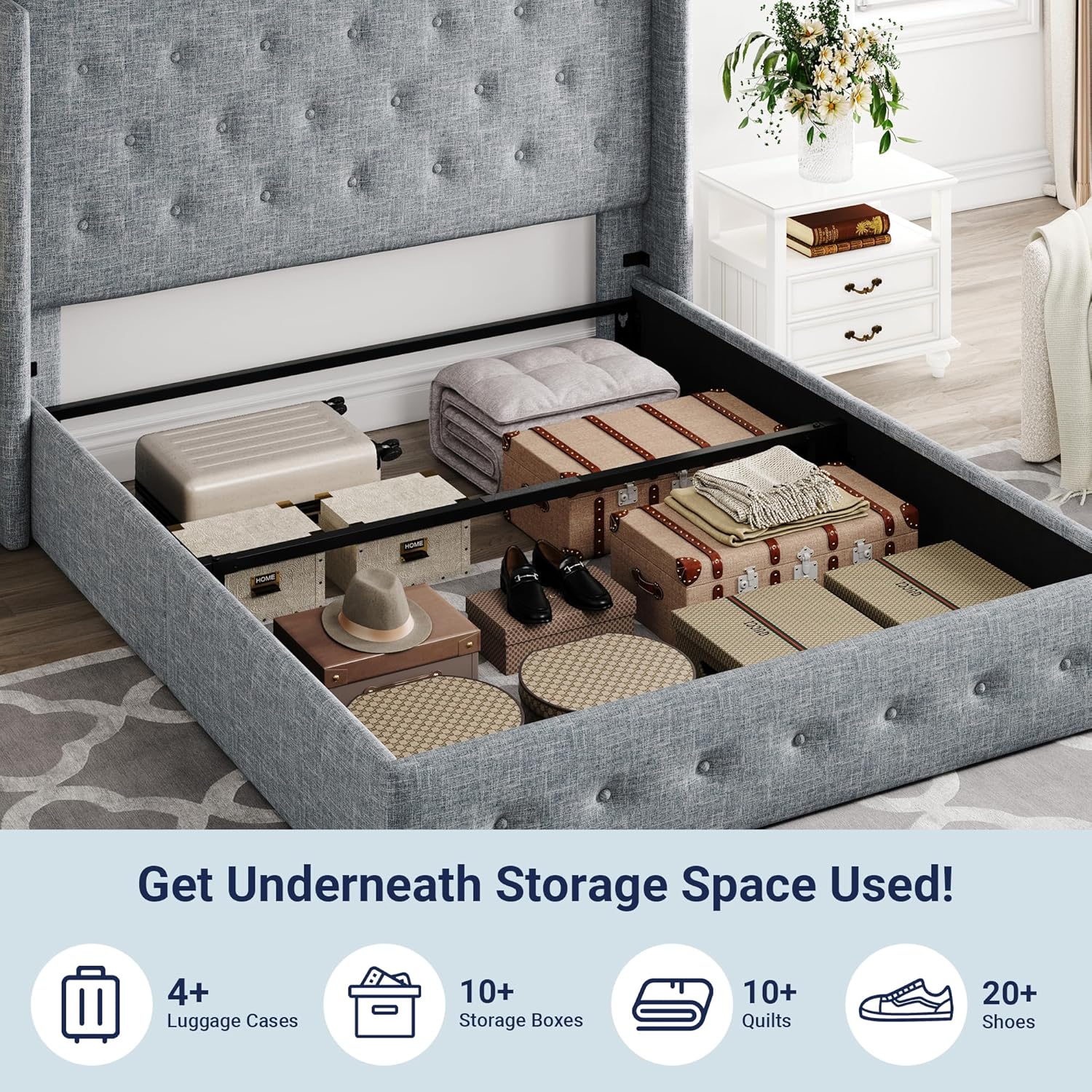 Queen Size Lift Up Storage Bed with Wingback Headboard, Upholstered Platform Bed Frame with Hidden Storage - Image 187