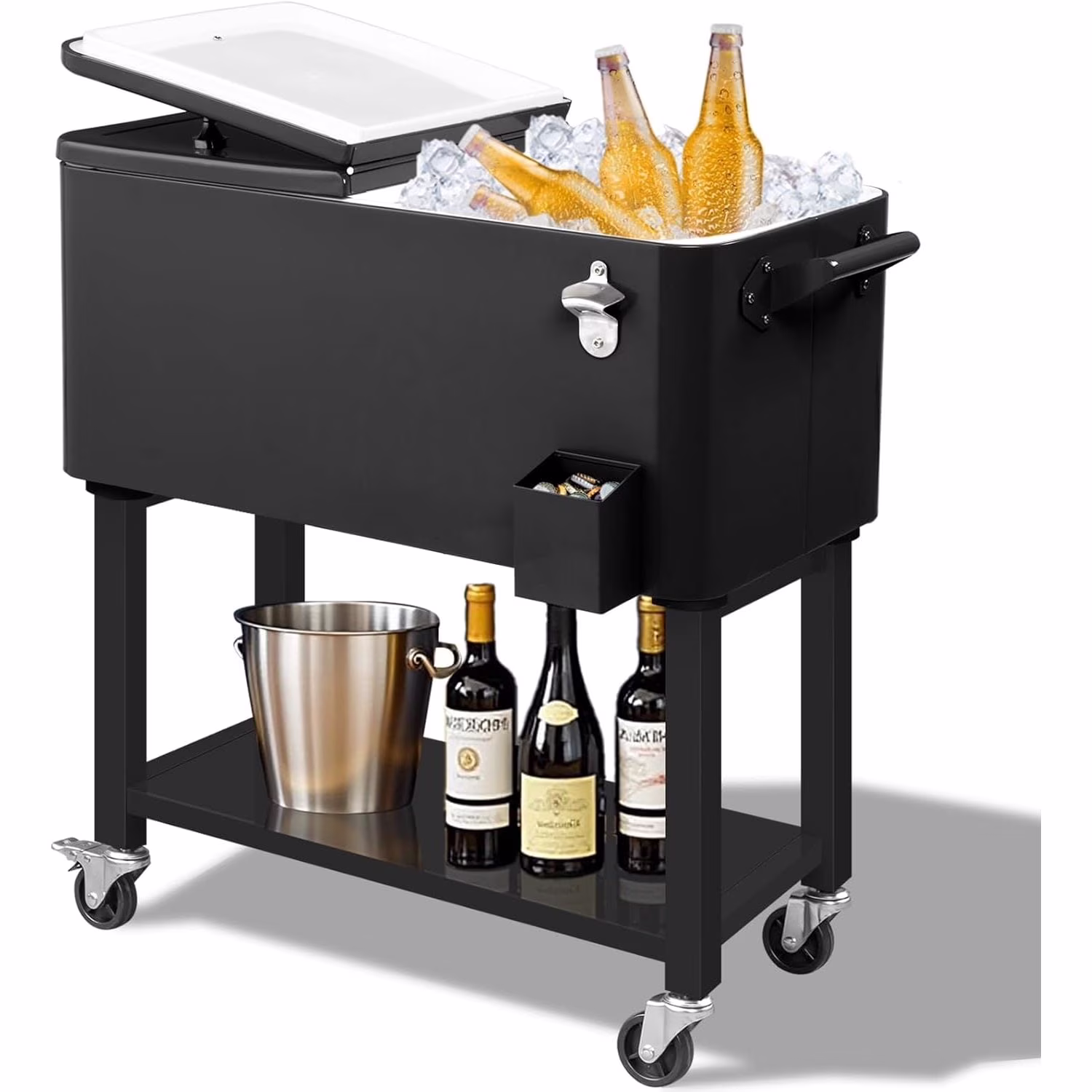 ?Large 80 Quart Portable Rolling Cooler with Lockable Lid, Features Catch Basin, Utility Tray, and Bottle Opener for Patio, Parties, Boating, and Vacation?