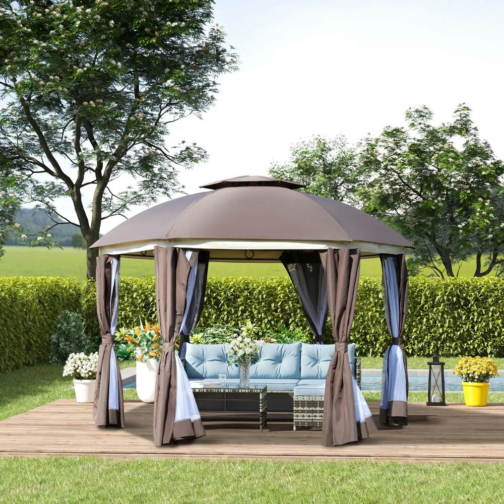 Topcobe 12' x 12' Round Outdoor Canopy Tent, Patio Dome Canopy Tent Canopy Shelter with Double Roof, Curtains, Zippered Doors, Strong Steel Frame, Outdoor Canopy, Shade Canopy, Patio Canopy, Brown - Image 11