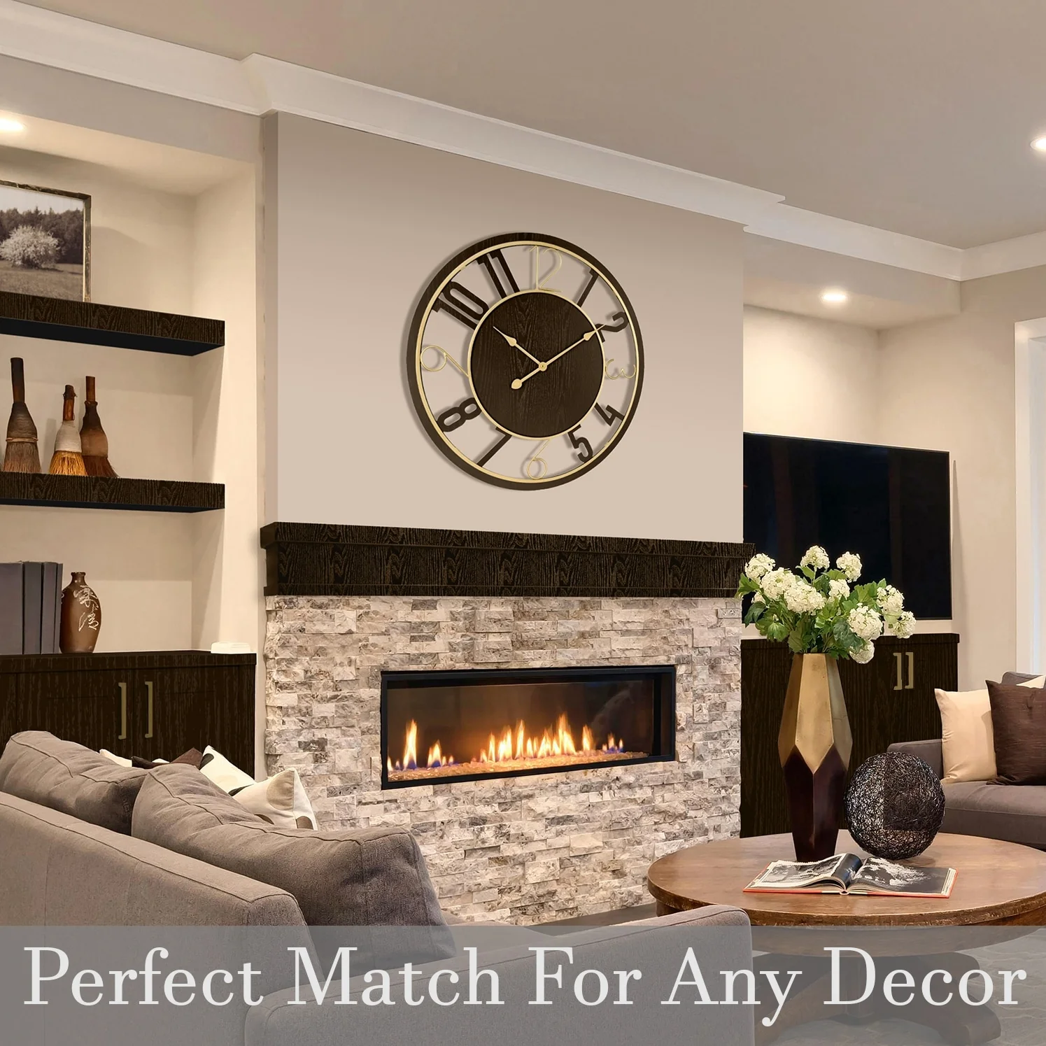 24 Inch Round Wooden Wall Clock, Modern Analog Clock with Numeral Design, Battery Operated - Image 14