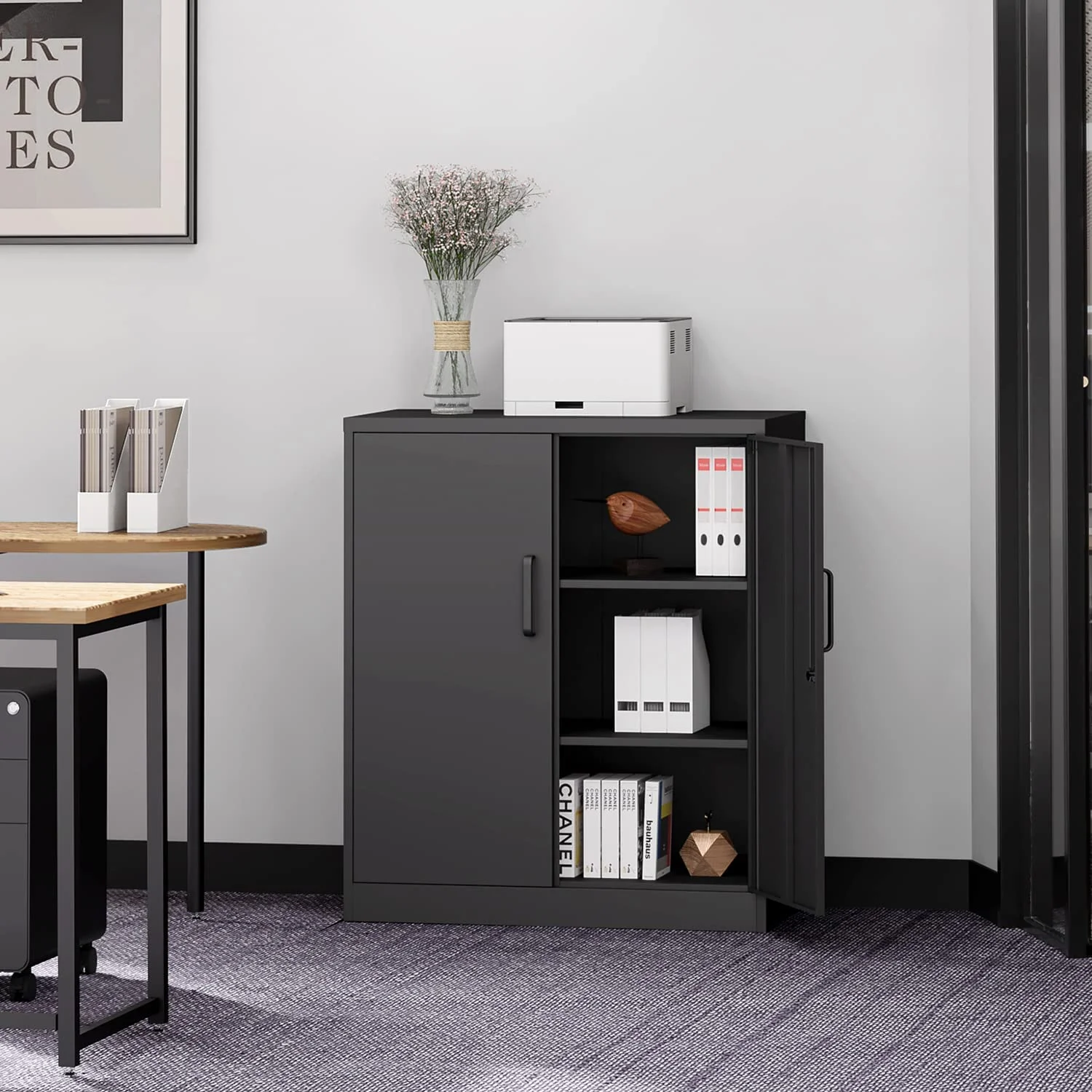 Metal Garage Storage Cabinet with 2 Doors and 2 Adjustable Shelves - 35.5" Steel Lockable File Locking Counter Cabinet for Home Office,Gym,School-Black- - Image 2