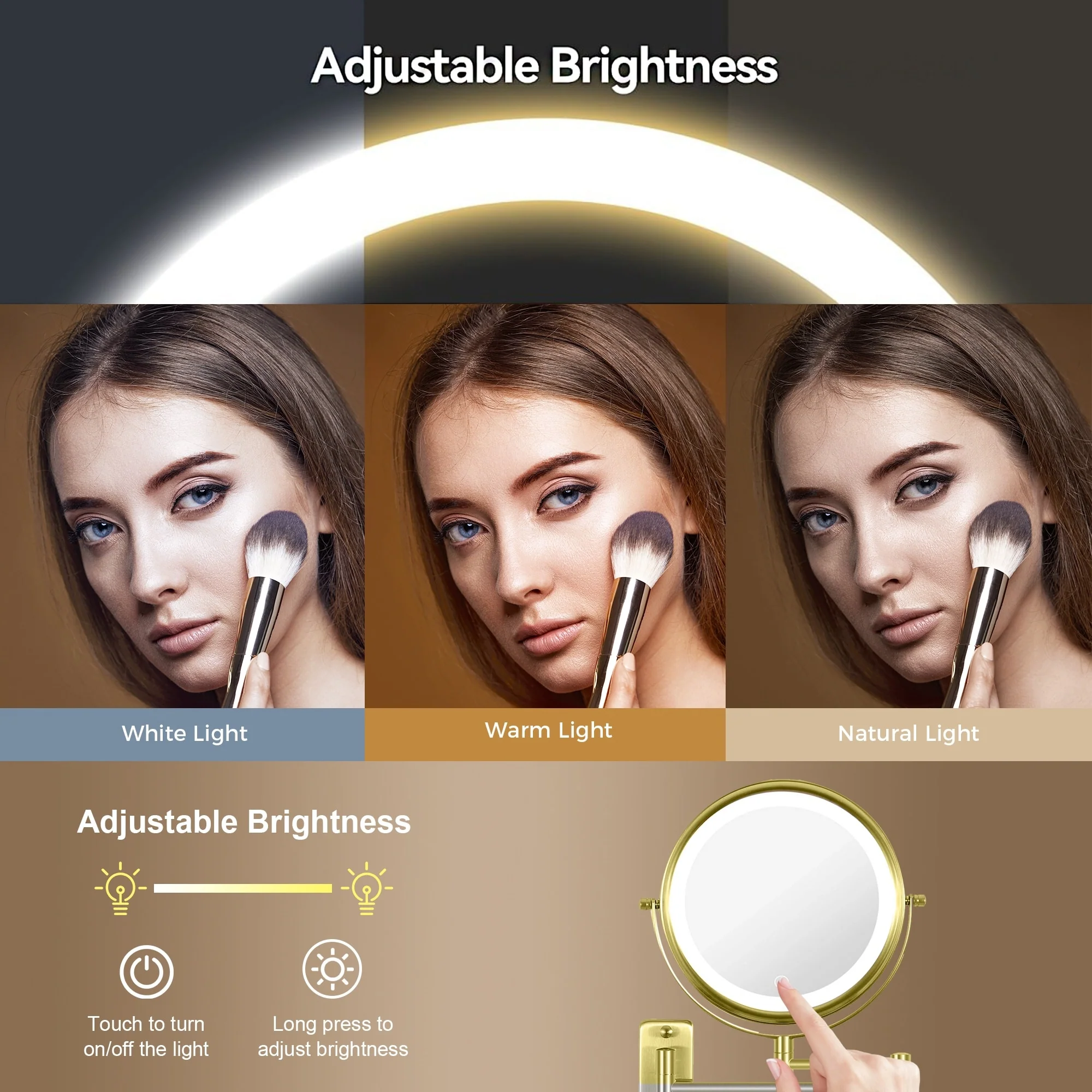 8 Inch Round Wall Mounted Makeup Mirror, Rechargeable, 1X/10X Magnification, 3-Color LED Lights - Image 15