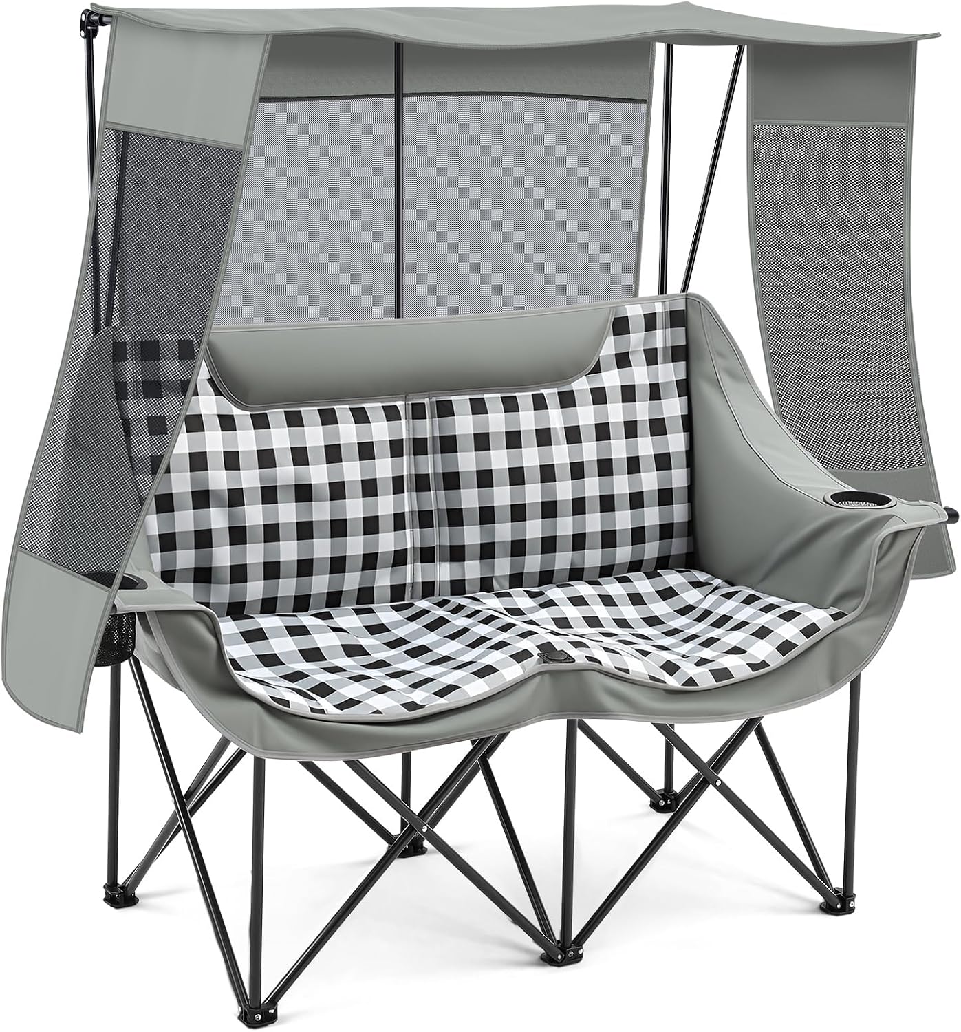 Double Camping Chair with Canopy 660lbs Heavy Duty, Black and Grey - Image 6