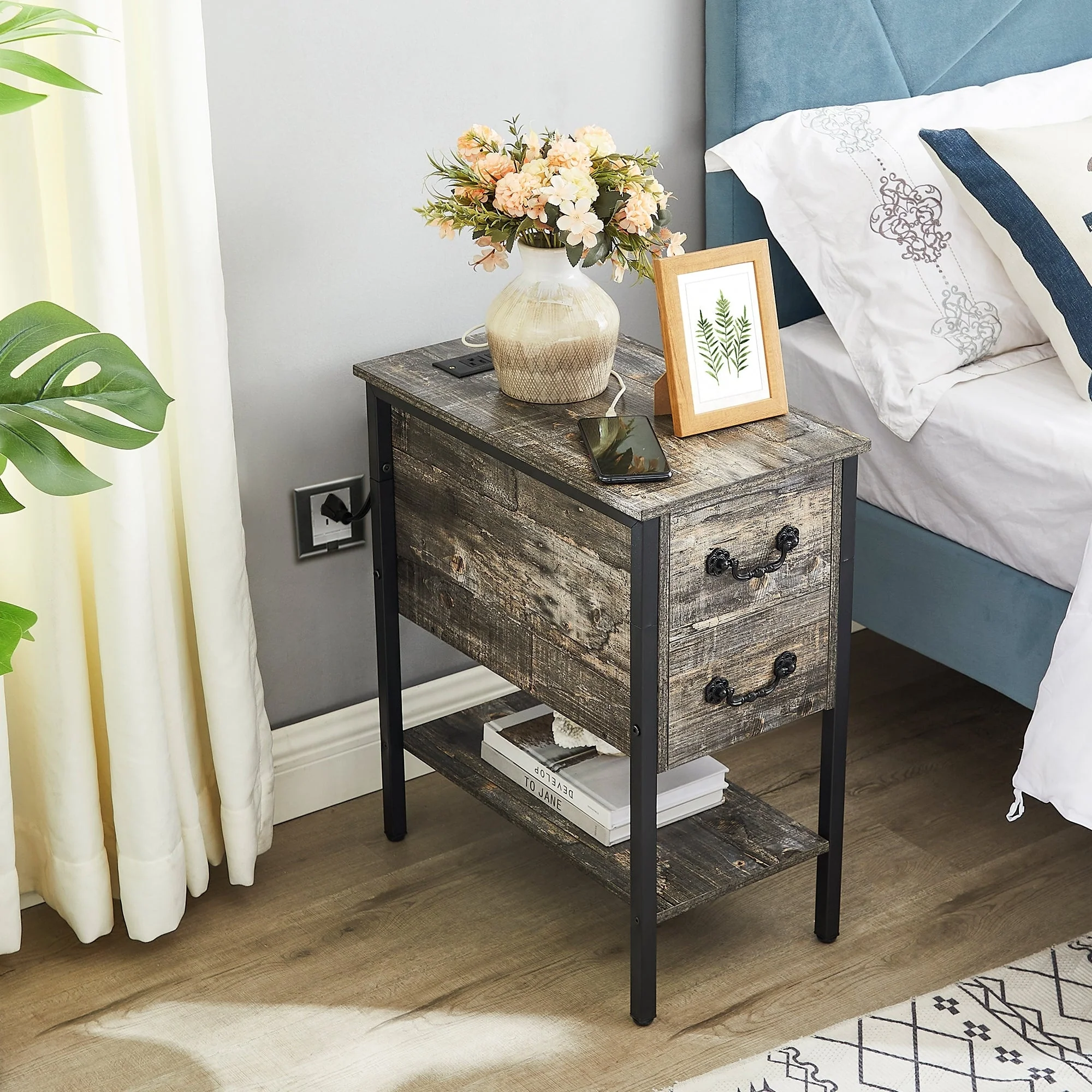 Narrow End Table with Charging Station, Chairside Table with Drawers, USB Ports and Power Outlets - Image 12