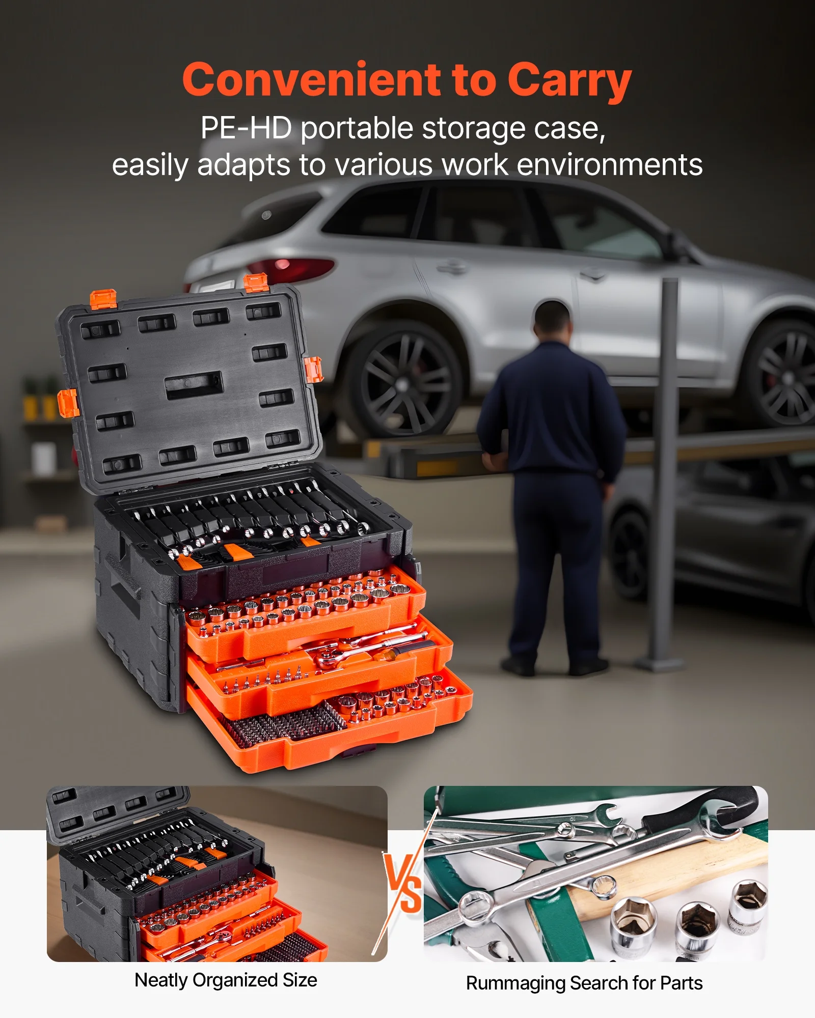 VEVOR Mechanics Tool Set and Socket Set,450 Pcs, 1/4, 3/8 and 1/2 inch Drive Deep and Standard Sockets, SAE Metric Mechanic Tool Kit with Bits, Wrenches, Accessories, Storage Case with Orange Drawer - Image 6