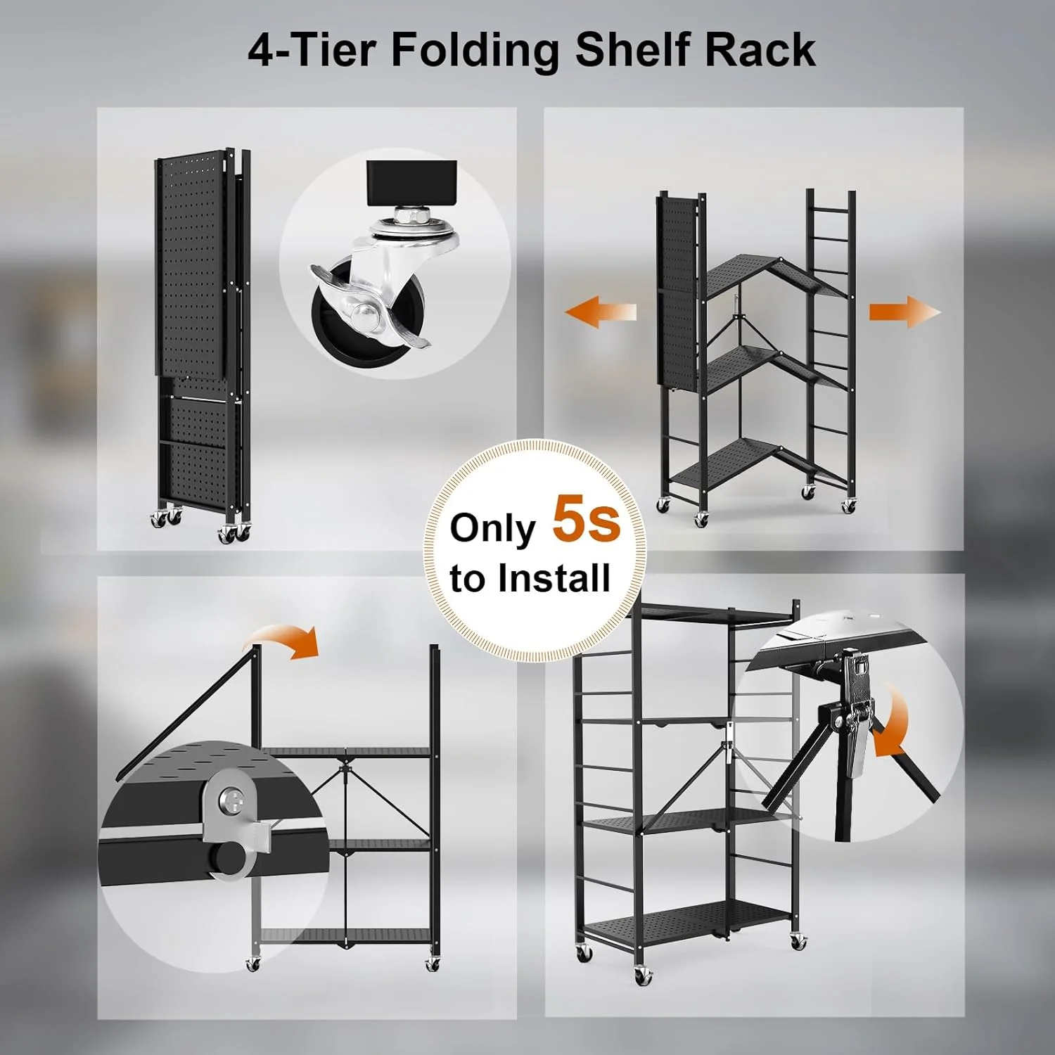 Storage Shelves with 20 Hooks, 4-Tier Foldable Shelves for Storage, Folding Shelf Unit Pantry Shelves with Wheels, Metal Shelving Storage Rack Shelf for Kitchen Garage Home, Black - No Assembly - Image 7