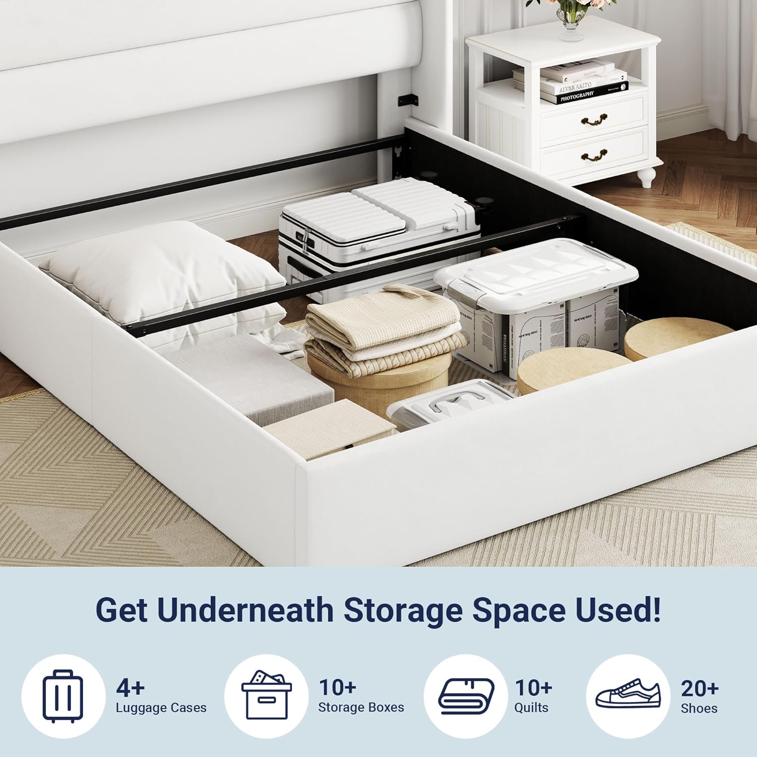 Queen Size Lift Up Storage Bed with Wingback Headboard, Upholstered Platform Bed Frame with Hidden Storage - Image 197