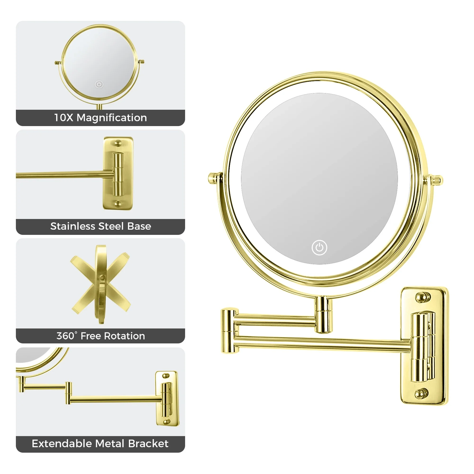 8 Inch Round Wall Mounted Makeup Mirror, Rechargeable, 1X/10X Magnification, 3-Color LED Lights - Image 14