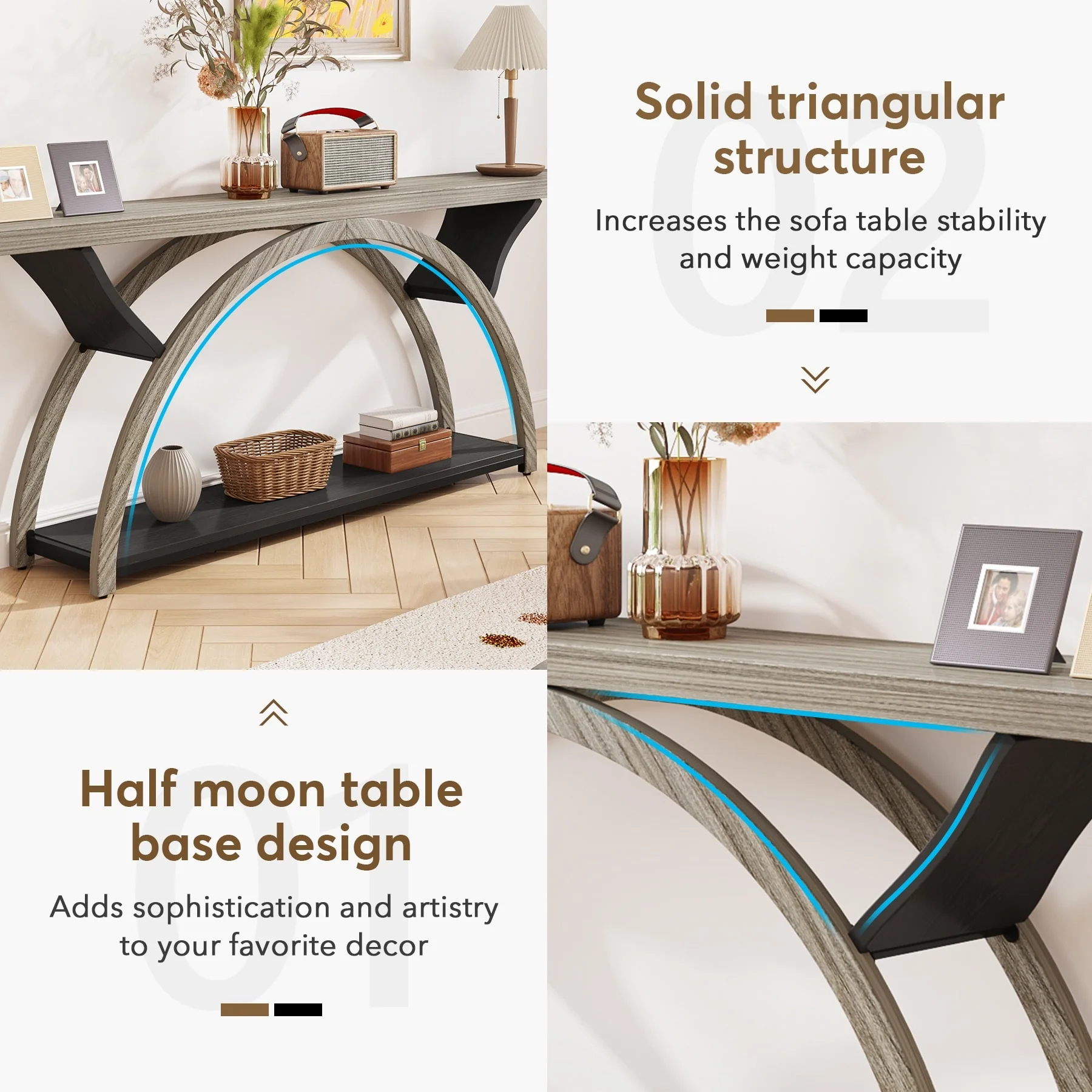 Gray 2-Tier Slim Console Sofa Table, Semi-Circular Metal Frame for Hallway - Image 11