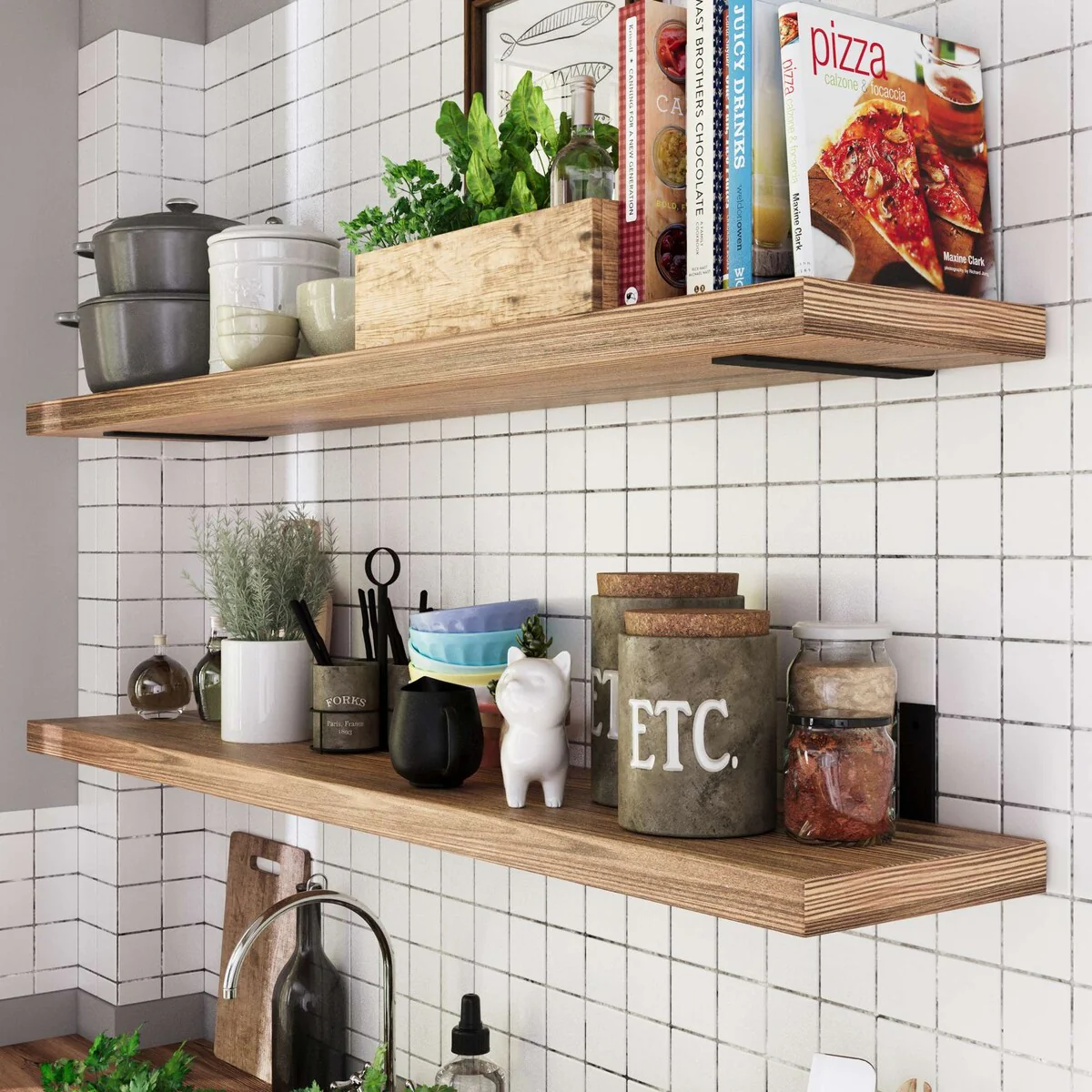 60 Inch Rustic Floating Wall Shelves, 2 Piece Burnt Wood Display and Storage Shelves - Image 5