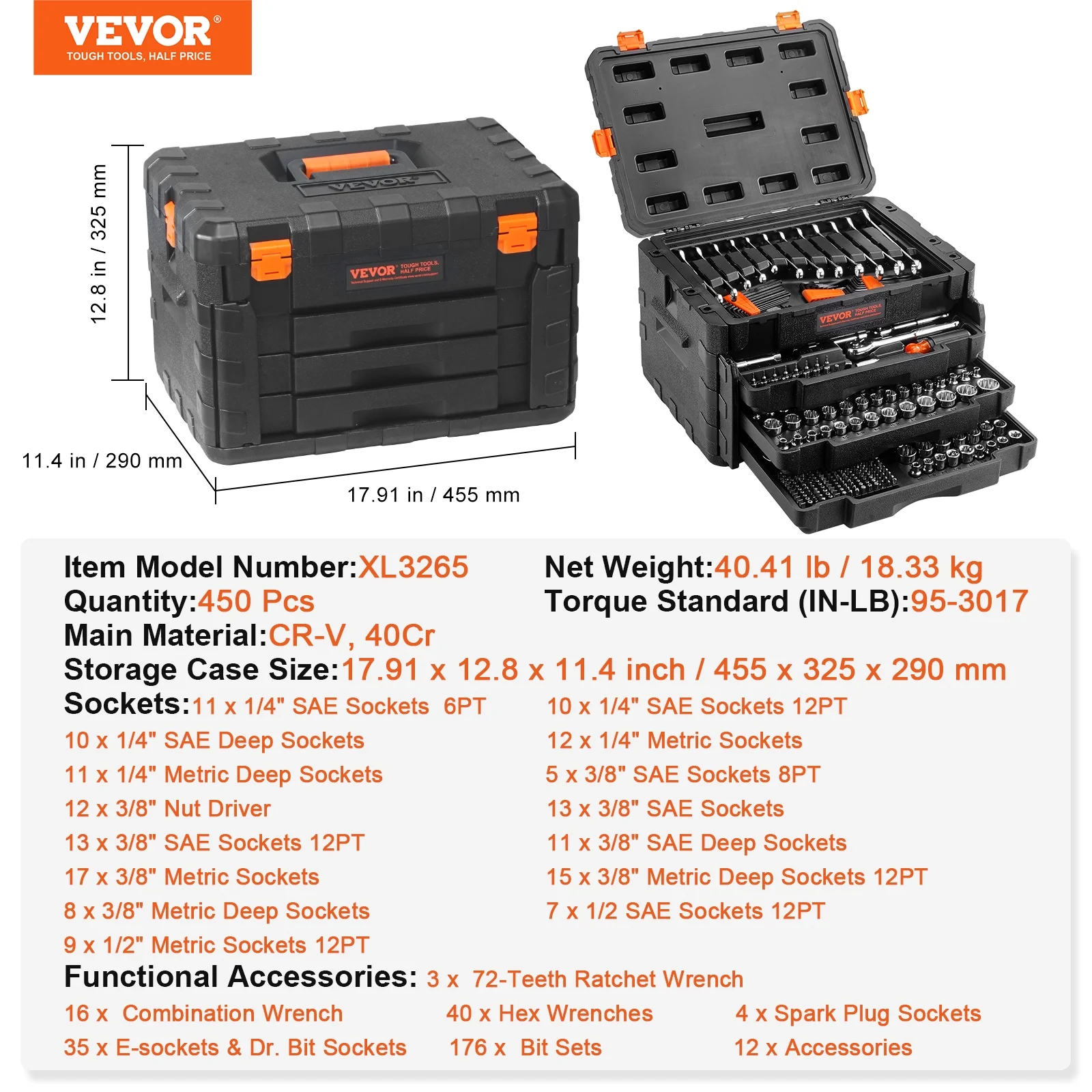 VEVOR Mechanics Tool Set and Socket Set, 1/4" 3/8" 1/2" Drive Deep and Standard Sockets, 450 Pcs SAE and Metric Mechanic Tool Kit with Bits, Hex Wrenches, Combination Wrench,Accessories,Storage Case - Image 7