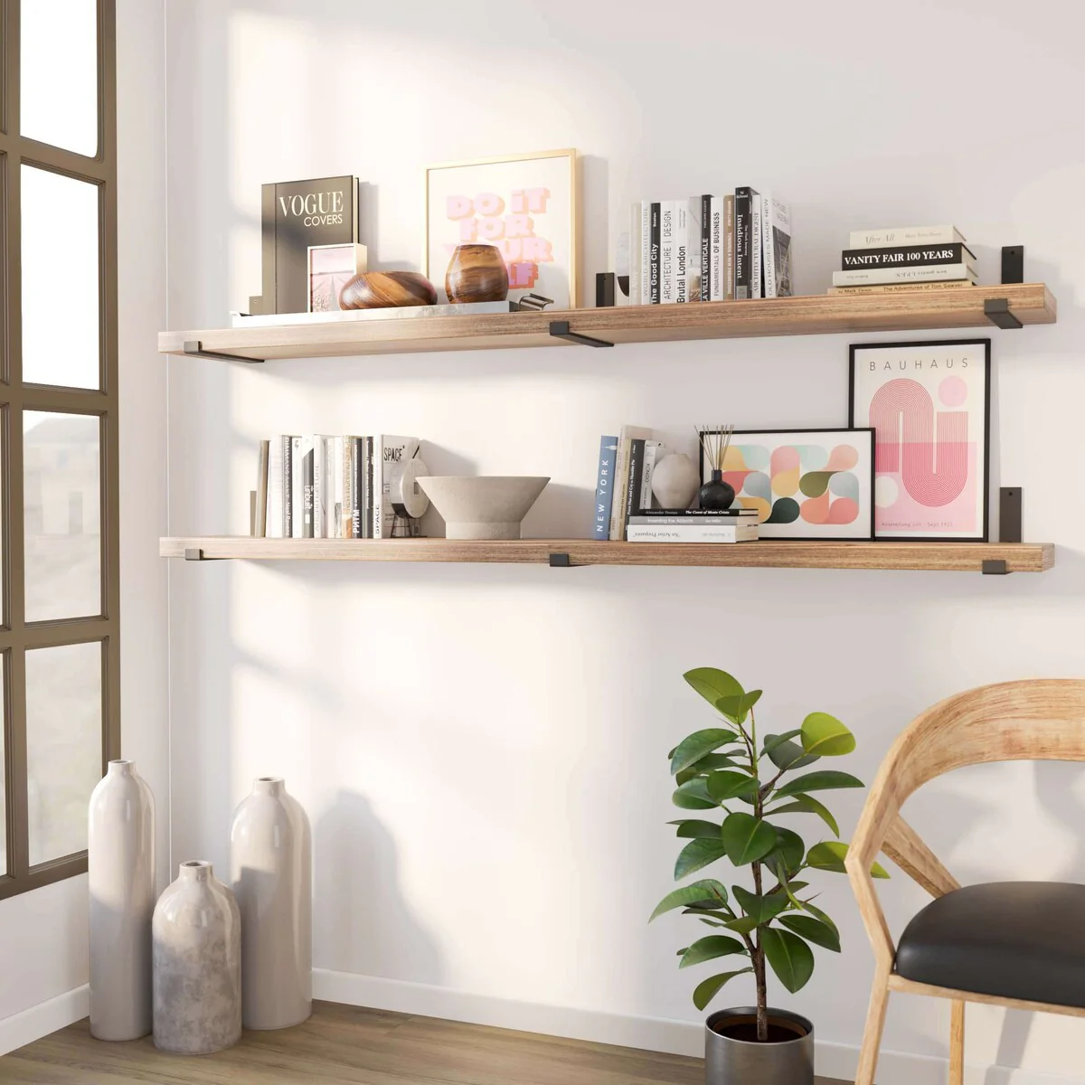 72 Inch Floating Wood Wall Shelves, Set of 2 Burnt Wood Display and Storage Shelves for Home Decor - Image 8