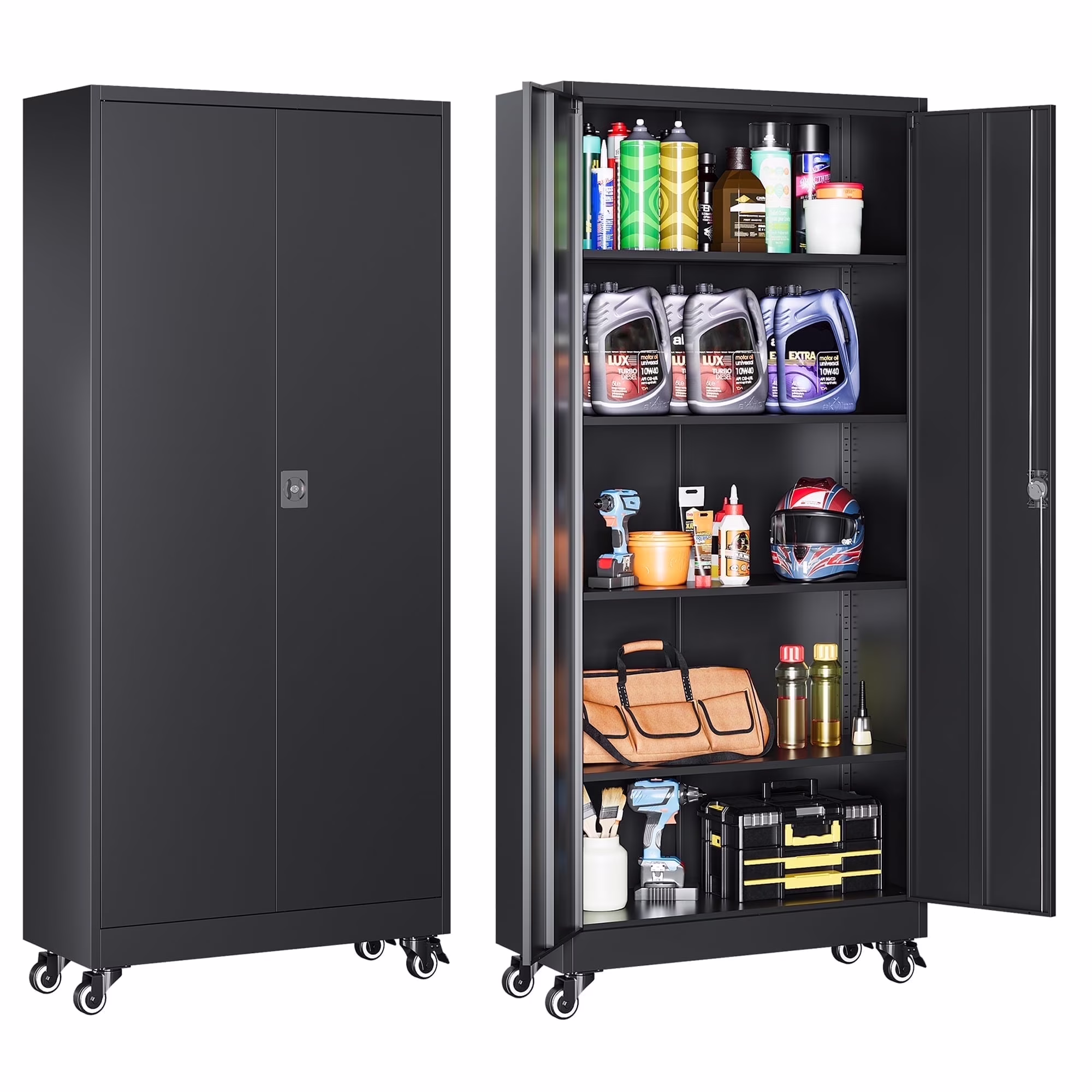AUHUP Metal Storage Cabinet with Wheels, 73" Rolling Garage Storage Cabinets with 4 Adjustable Shelves & Locking Doors,Black Tool Cabinet for Garage,Home,Warehouse,Workshop