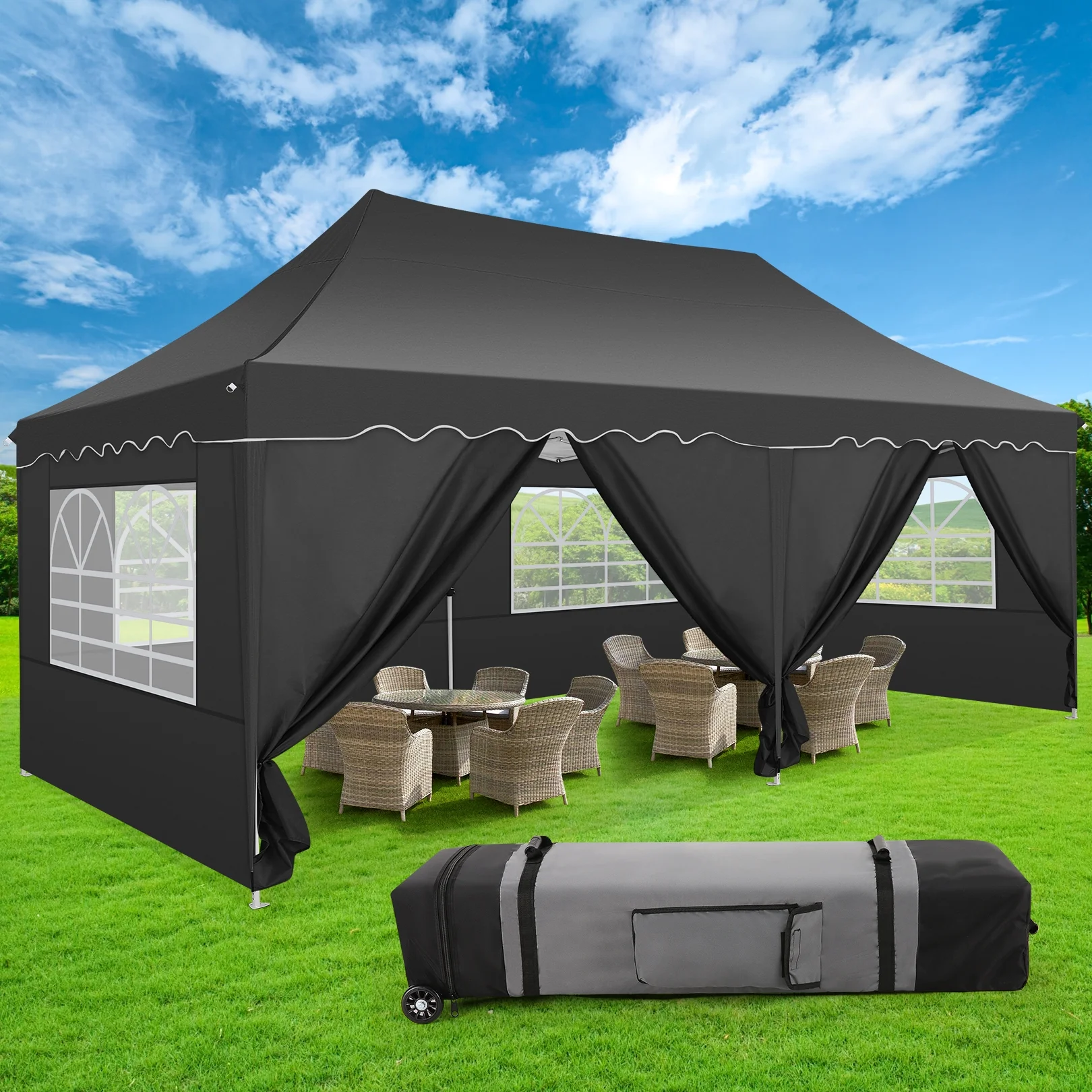 SANOPY 10' x 20' Pop up Canopy Party Tent with 6 Removable Sidewalls, Wave Eave Outdoor Waterproof Patio Gazebo Tent with Carry Bag, Backyards Camping Picnics, Black - Image 8