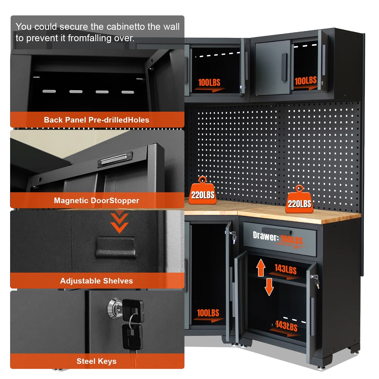 HPDMC Garage Storage Cabinet System 7-Pcs Workshop Set Metal Garage Cabinets System with Steel Cabinet Drawers, Workbench, Pegboard for Garage Tool Organization - Image 16