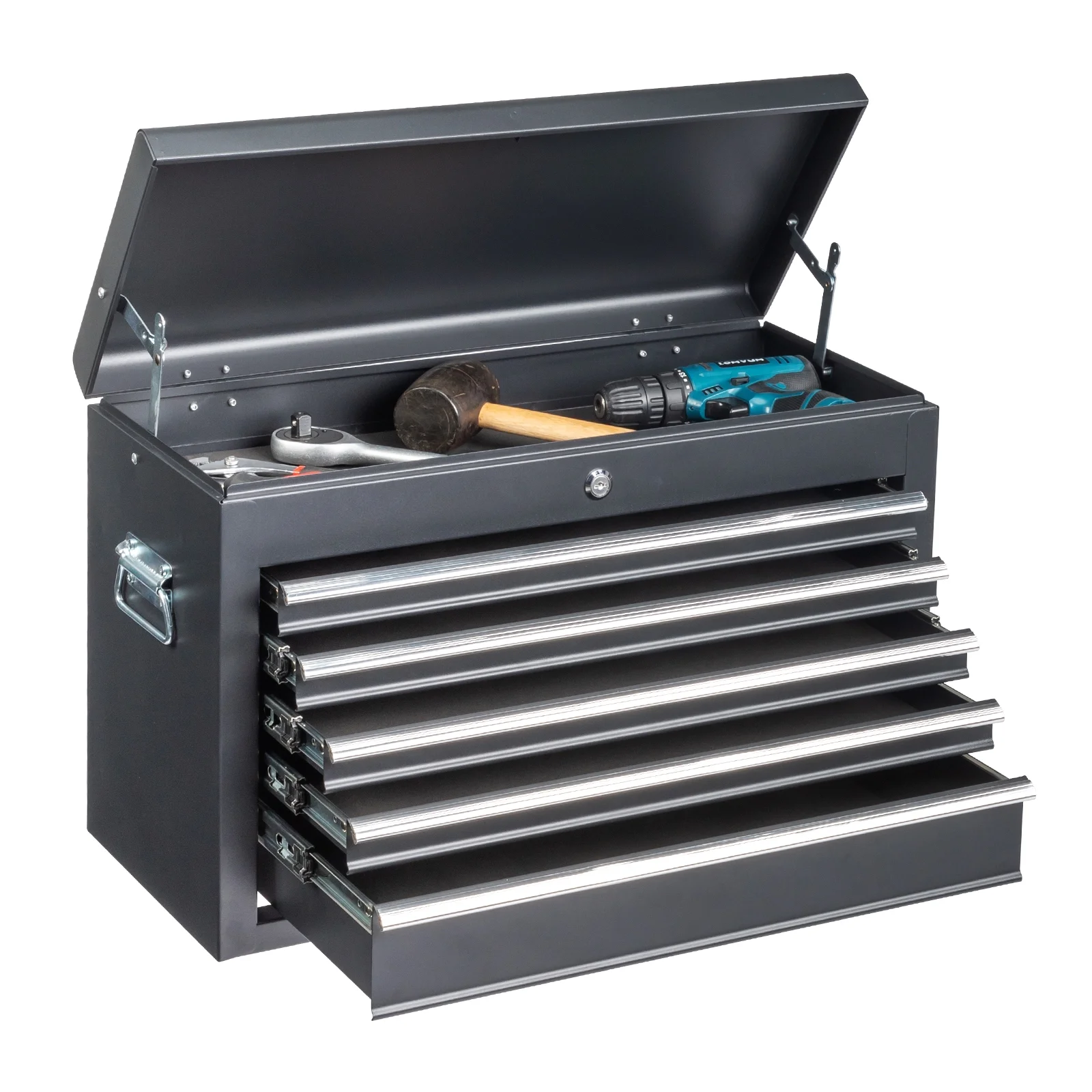 Ktaxon Tool Box, Portable 5 Drawer Steel Toolbox with Top Storage Tray & Carrying Handle, for Garage Trunk Household, Black - Image 2