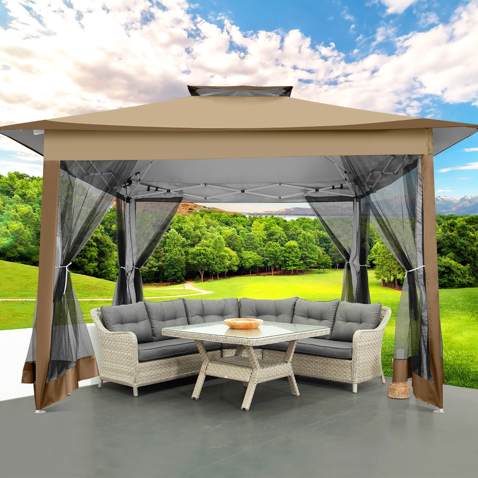 COBIZI 11x11 Pop up Gazebo Outdoor Canopy Gazebo Patio Gazebo with Mosquito Netting Canopy Shelter with 121 Square feet of Shade for Poolside, Garden, Party and Backyard, Khaki - Image 52