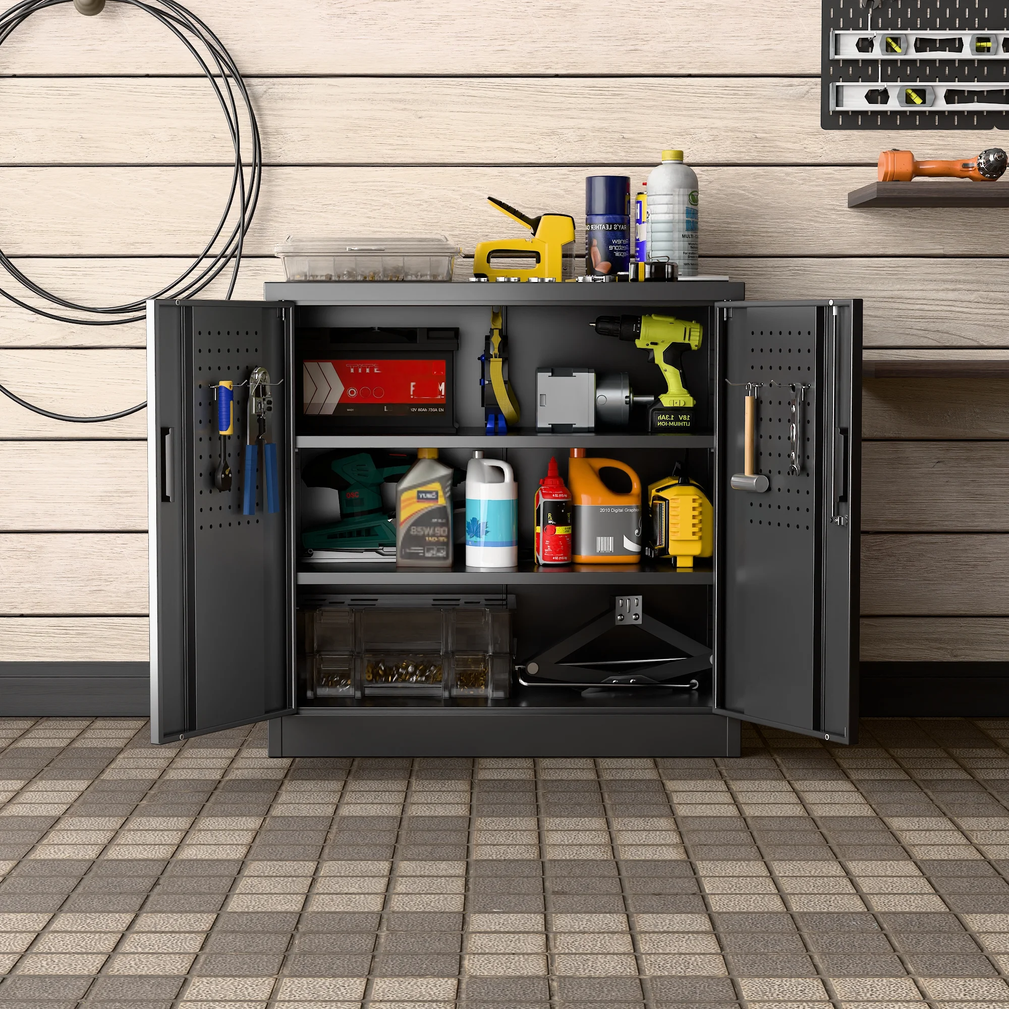 Aobabo Metal Storage Cabinet with Lock & Pegboard,Garage Storage Cabinet with 5 Adjustable Shelves,Tool Storage Cabinets for Home Office Garage,Assembly Required,Black - Image 40