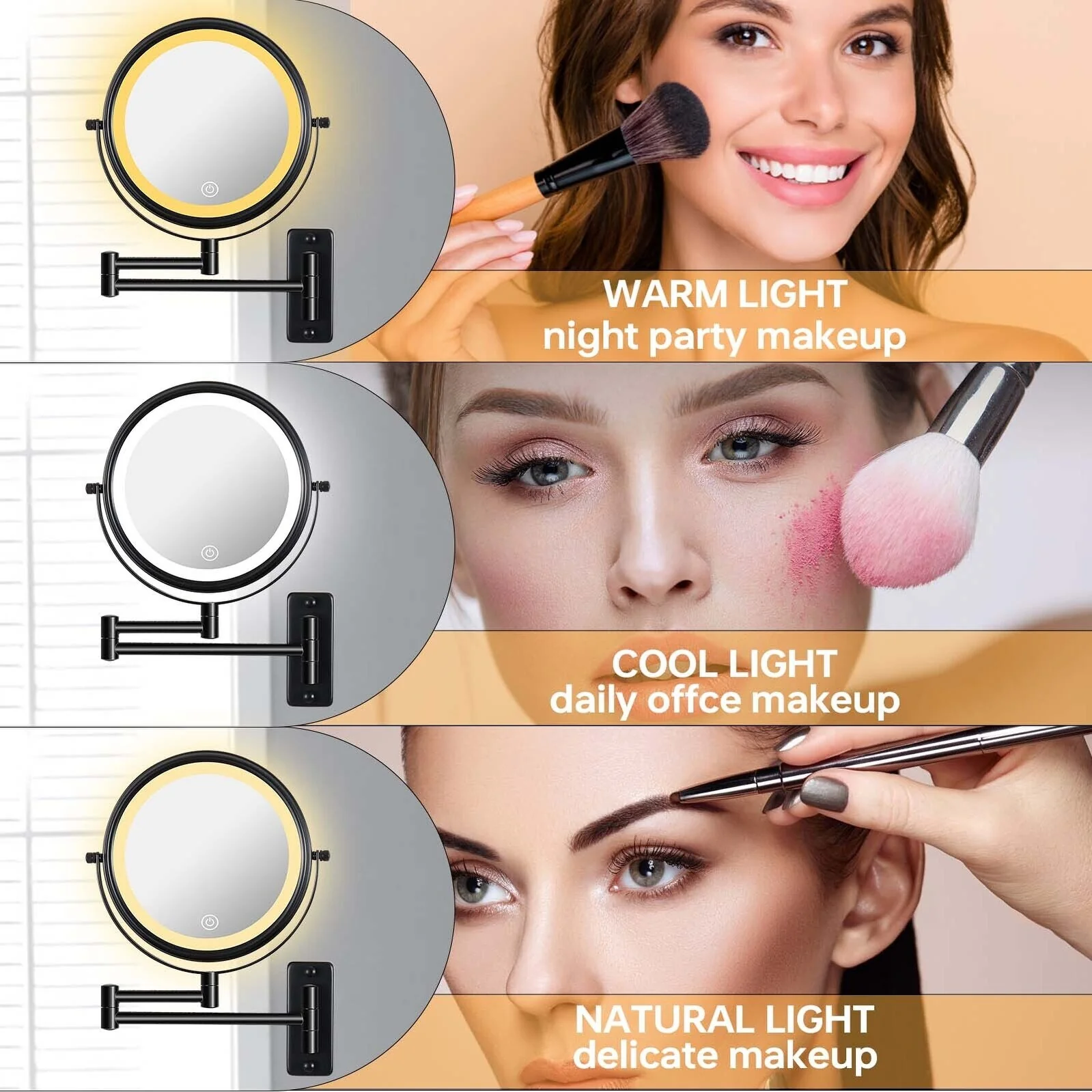 8 Inch Round Wall Mounted Makeup Mirror, Rechargeable, 1X/10X Magnification, 3-Color LED Lights - Image 26