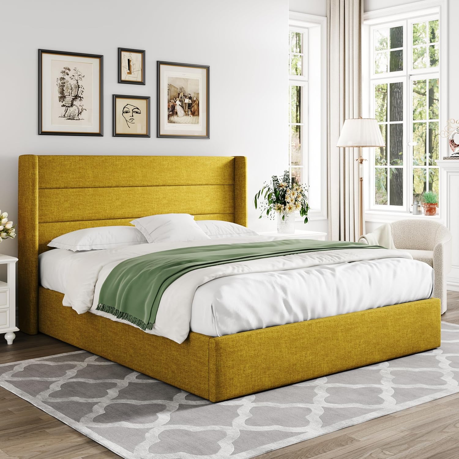 Queen Size Lift Up Storage Bed with Wingback Headboard, Upholstered Platform Bed Frame with Hidden Storage - Image 113