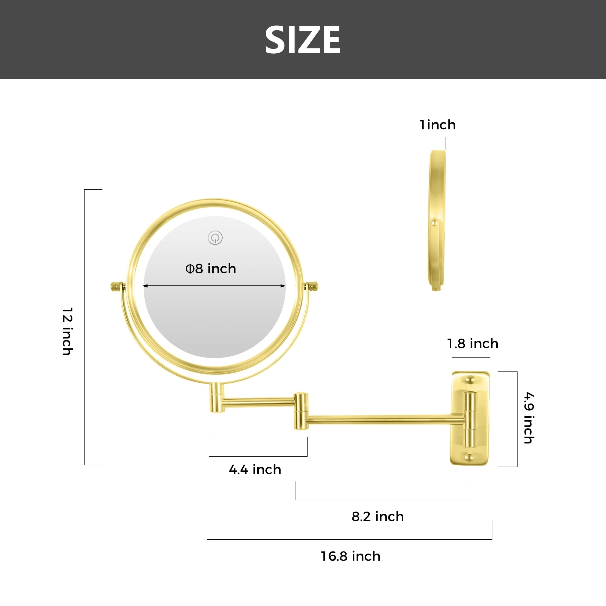 8 Inch Round Wall Mounted Makeup Mirror, Rechargeable, 1X/10X Magnification, 3-Color LED Lights - Image 12