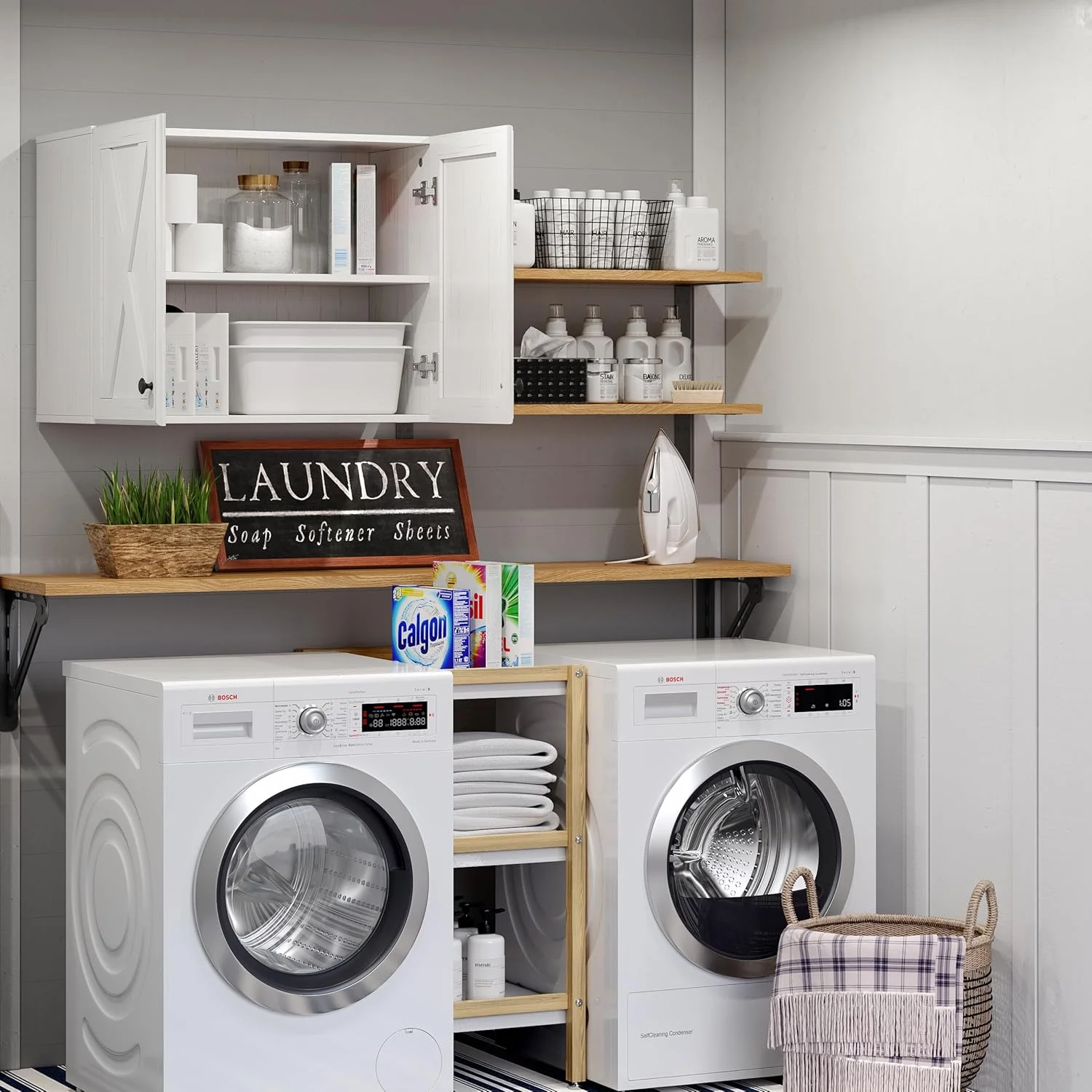 Wall Storage Cabinets - Farmhouse Kitchen Laundry White Wall Mounted Cabinets with 3 Doors and Shelves, 35inch Wide - Image 12