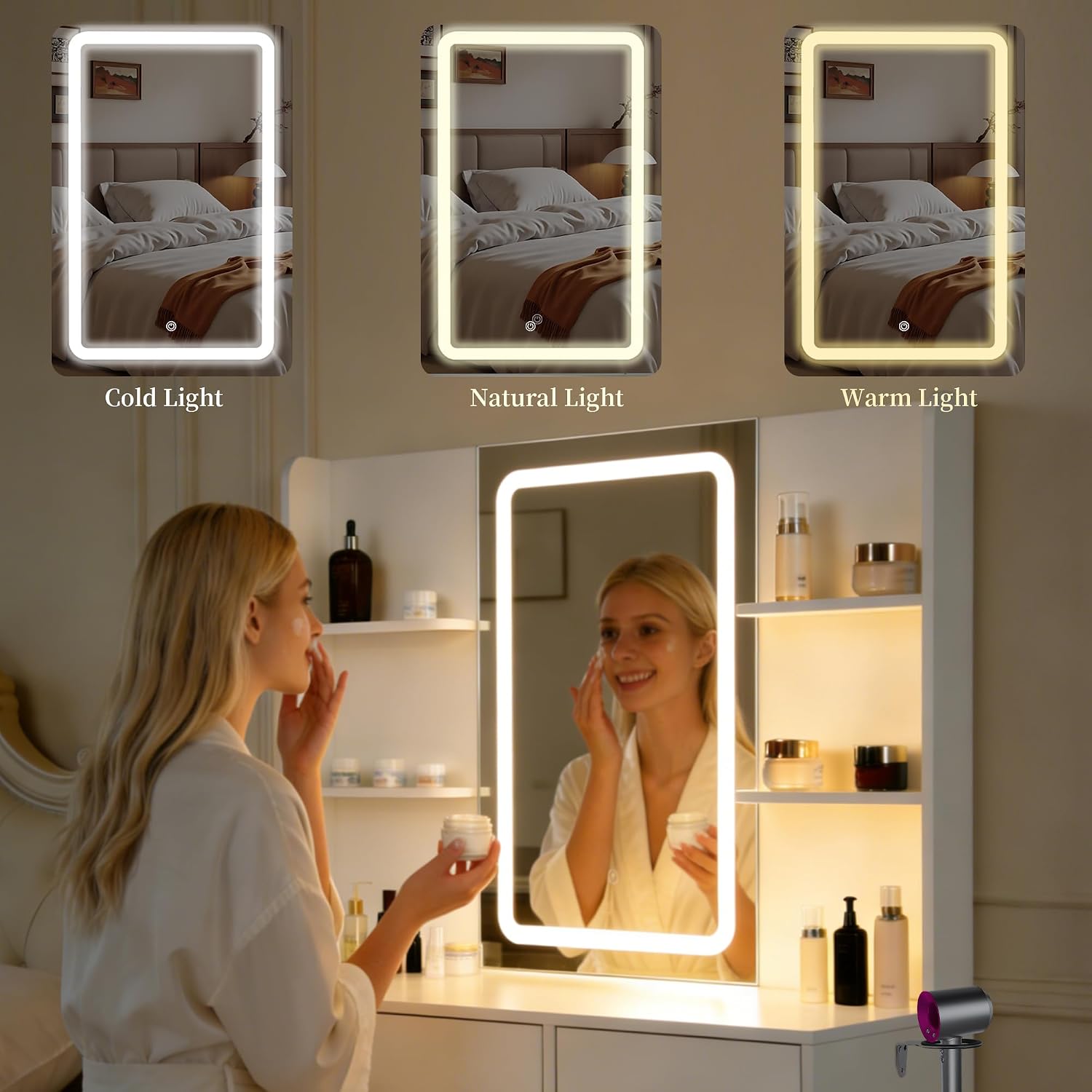 White LED Vanity Table with Three-Color Adjustable Light HD Mirror, USB Charging Port,Leather Stool, Double-Layer Acrylic Cabinet with Ambient Lighting,and Makeup Table with Drawer Storage - Image 7