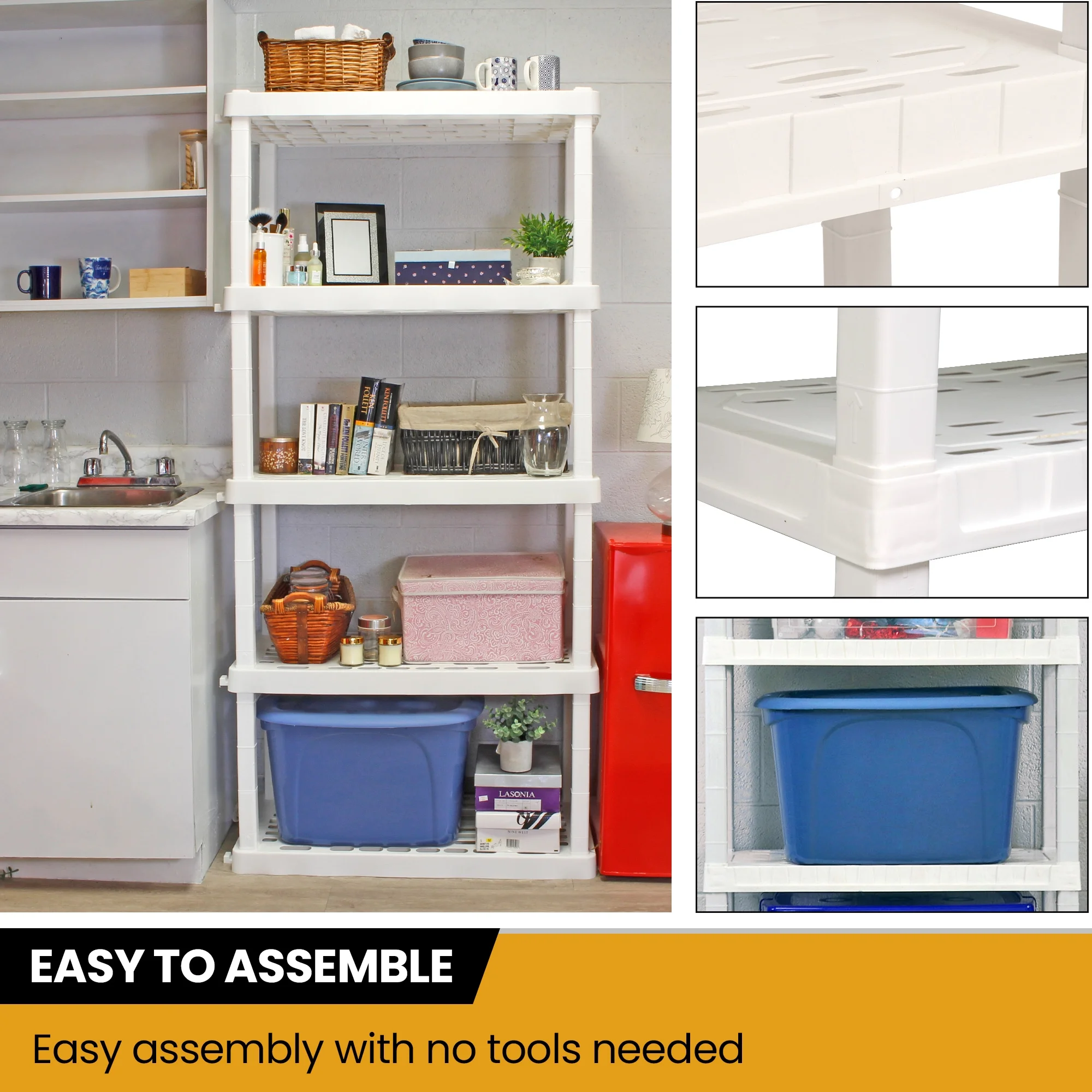 Hyper Tough Plastic Storage Shelves 5-Tier 73.8"H x 36"W x 17.75"D, 2-Pack White, 750 lbs Total Capacity - Image 4