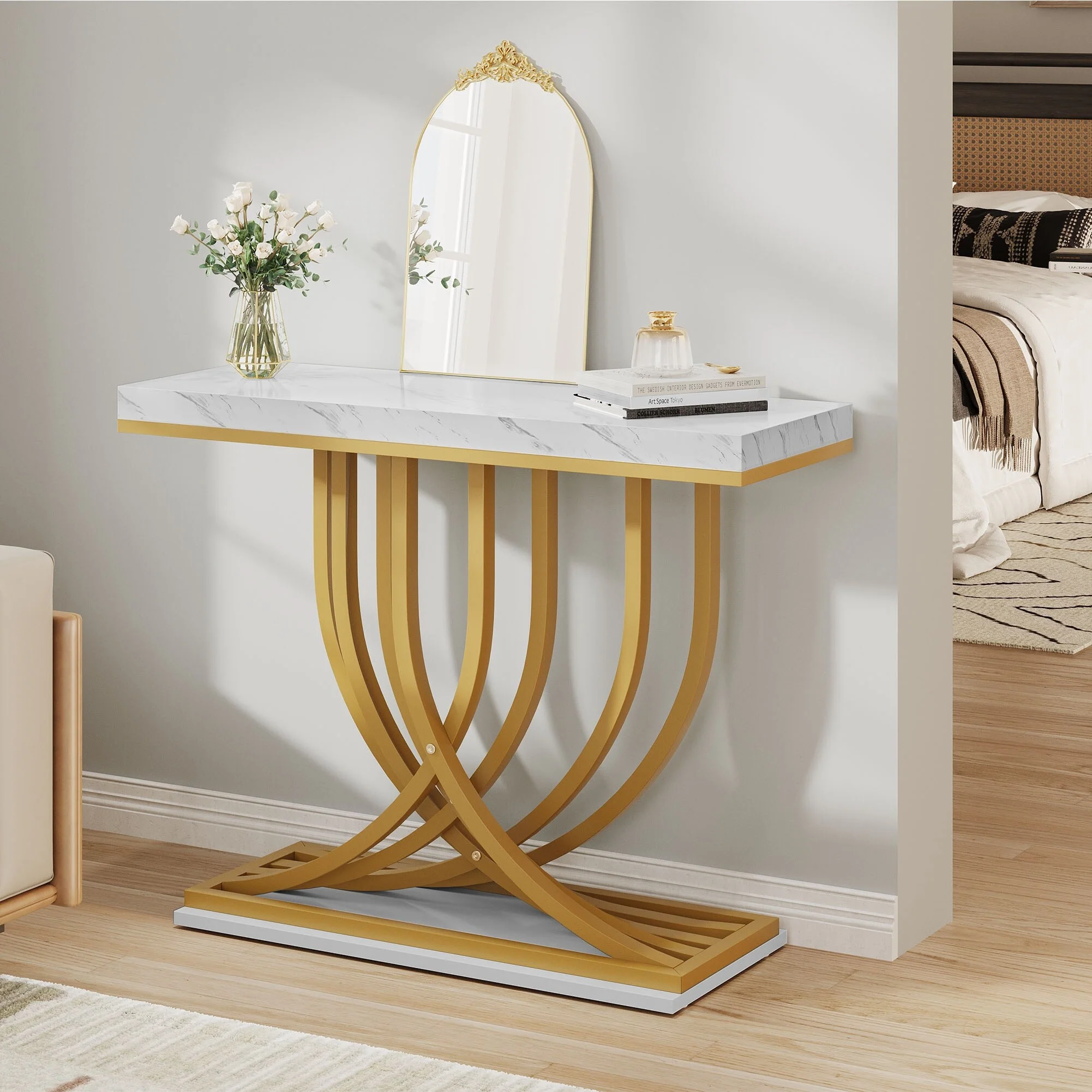 Modern Gold Console Table with Marbled Top, Sofa Table for Entryway and Hallway - Image 21