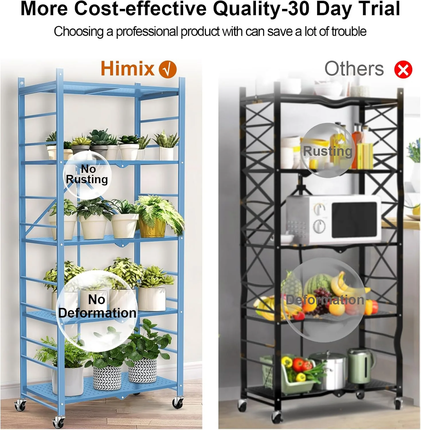Storage Shelves with 20 Hooks, 4-Tier Foldable Shelves for Storage, Folding Shelf Unit Pantry Shelves with Wheels, Metal Shelving Storage Rack Shelf for Kitchen Garage Home, Black - No Assembly - Image 20